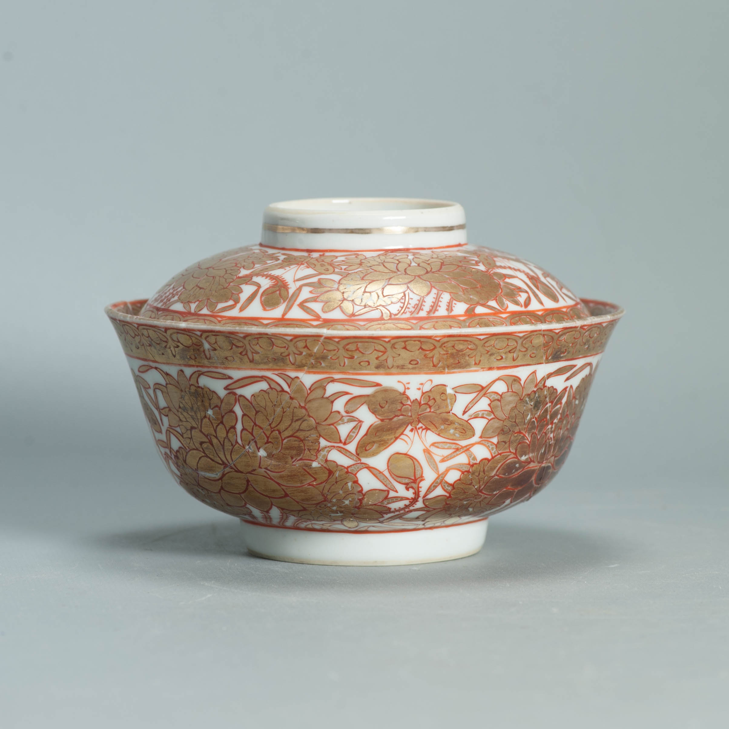 Ca 1700-1720 Gold Imari Arita Japanese Butterfly Flowers Edo Porcelain Gaiwan - Image 7