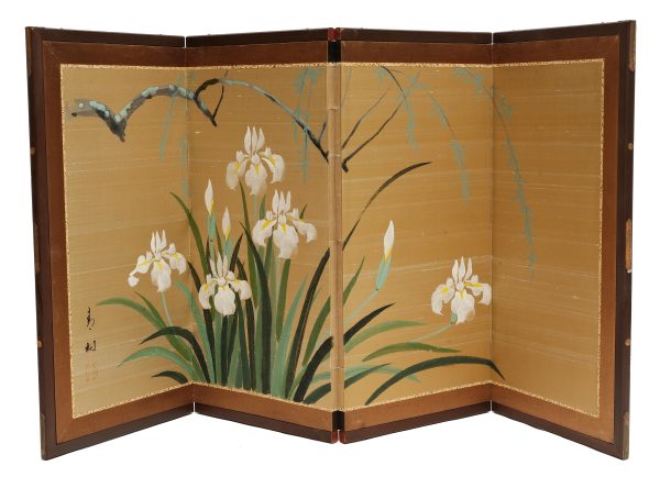 Antique Japanese Flower Folding Chamber Screen  19/20th C Japan Cranes