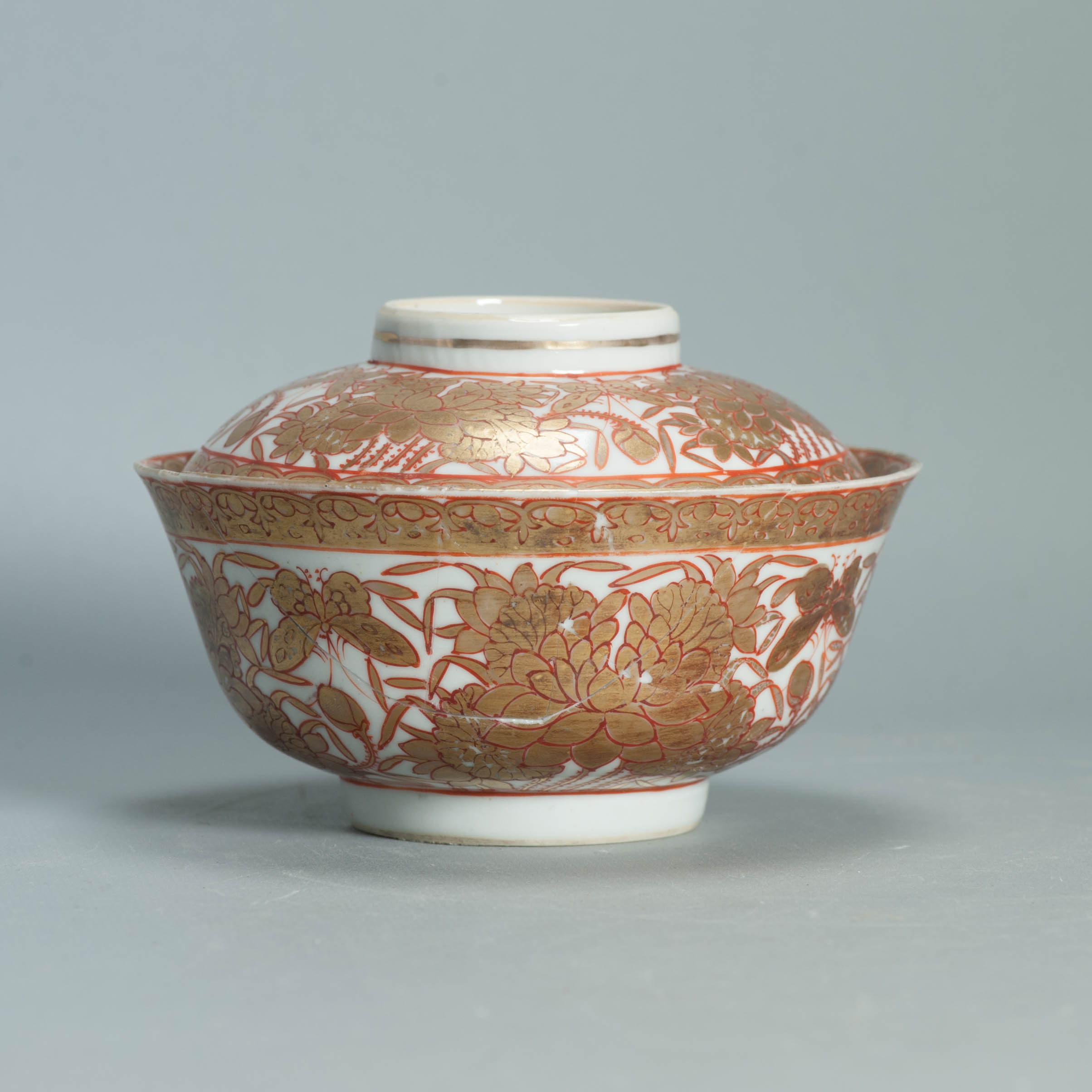 Ca 1700-1720 Gold Imari Arita Japanese Butterfly Flowers Edo Porcelain Gaiwan - Image 8