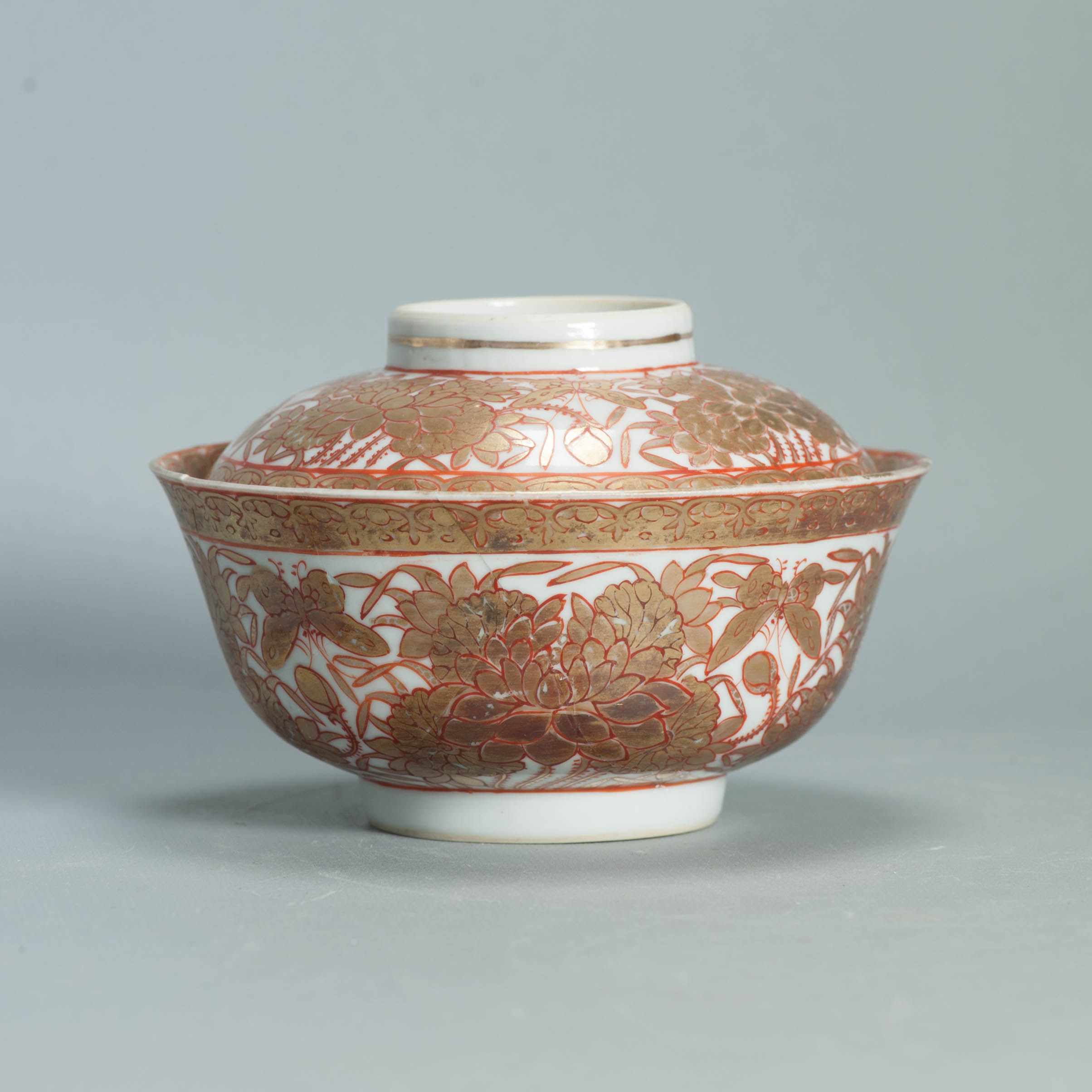 Ca 1700-1720 Gold Imari Arita Japanese Butterfly Flowers Edo Porcelain Gaiwan - Image 6