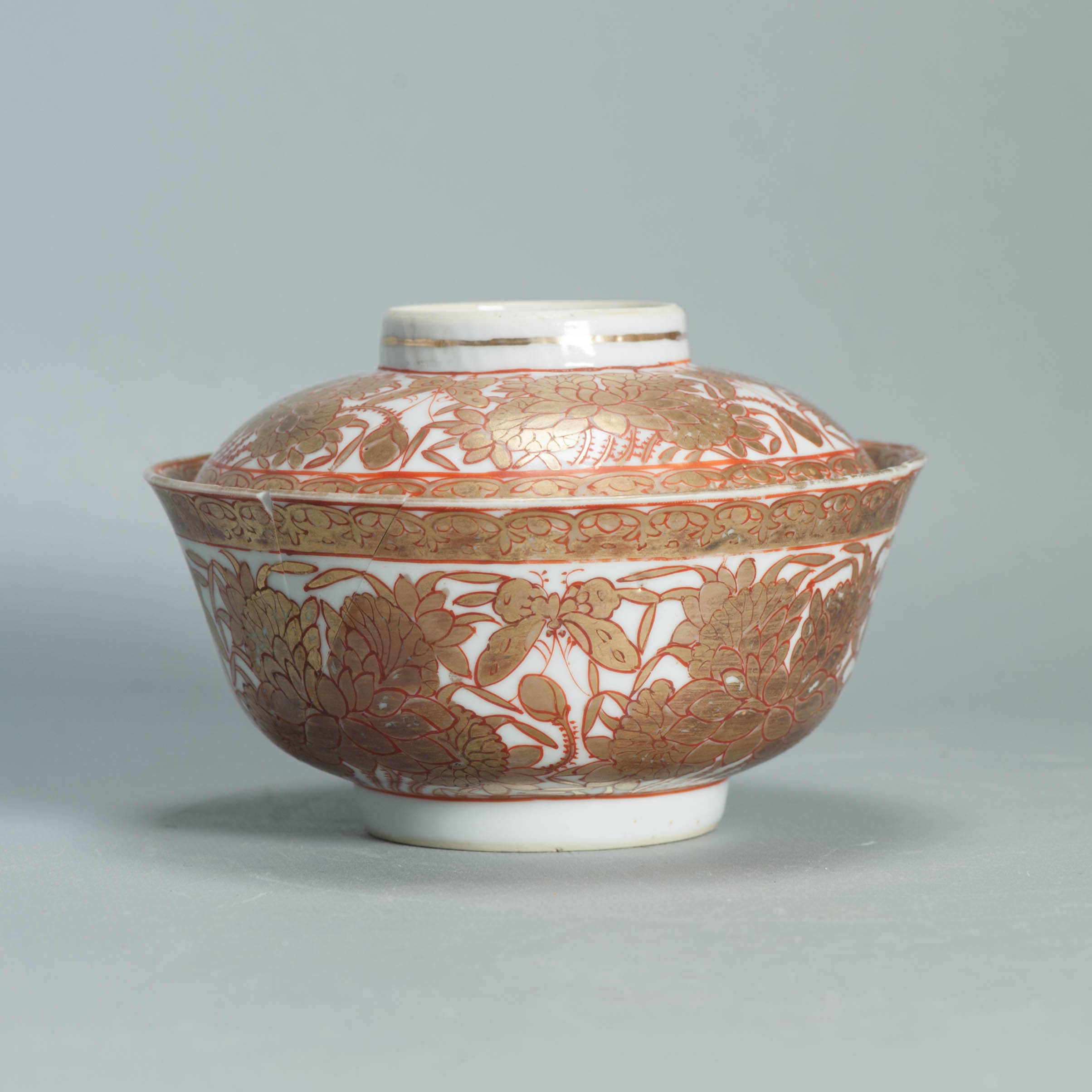 Ca 1700-1720 Gold Imari Arita Japanese Butterfly Flowers Edo Porcelain Gaiwan - Image 10