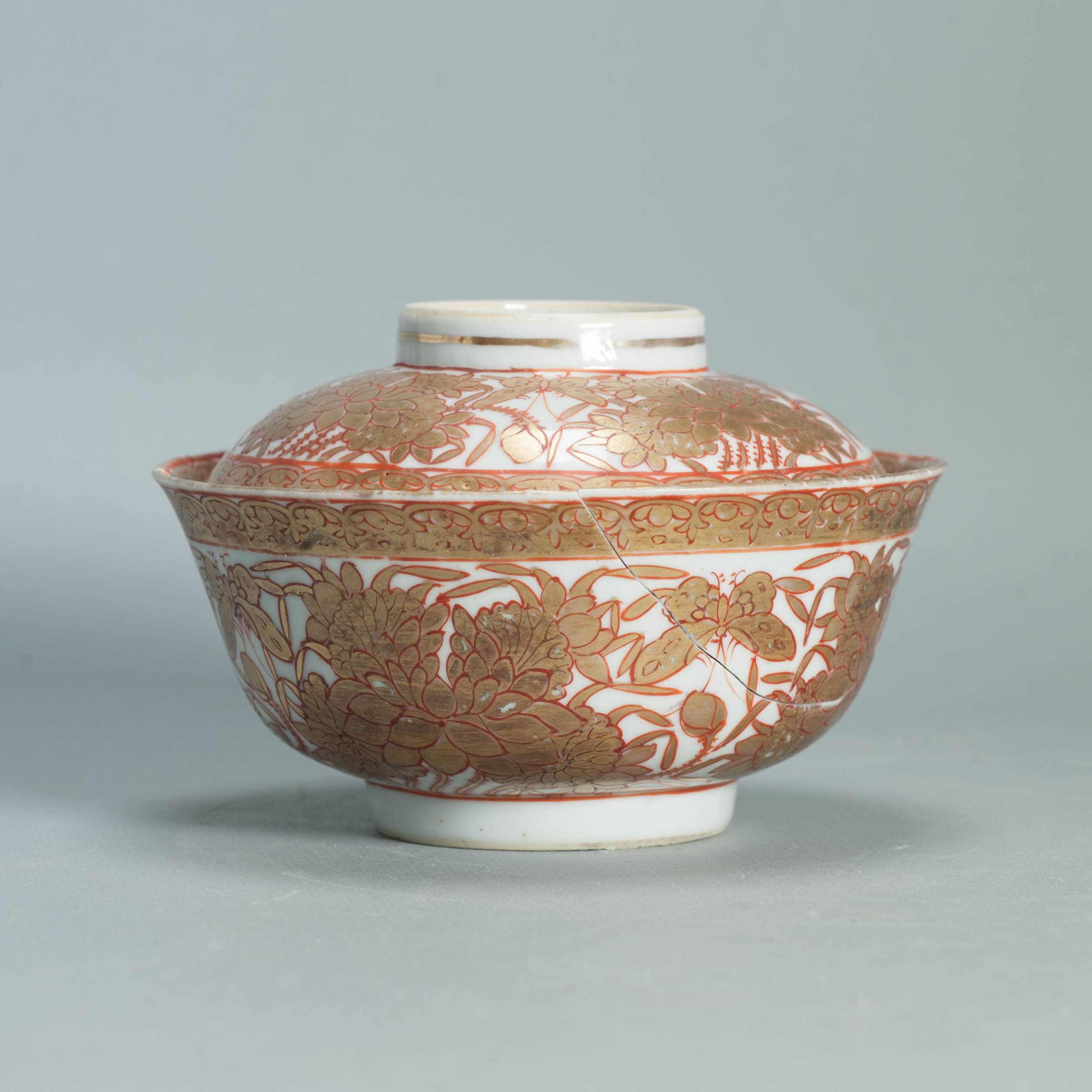 Ca 1700-1720 Gold Imari Arita Japanese Butterfly Flowers Edo Porcelain Gaiwan - Image 9
