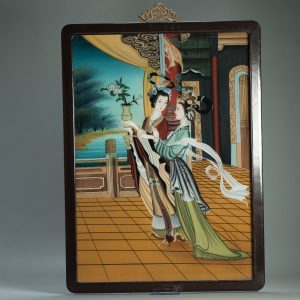 20C Very fine Chinese Behind Glass Painting Lady In Garden Bird Prunus