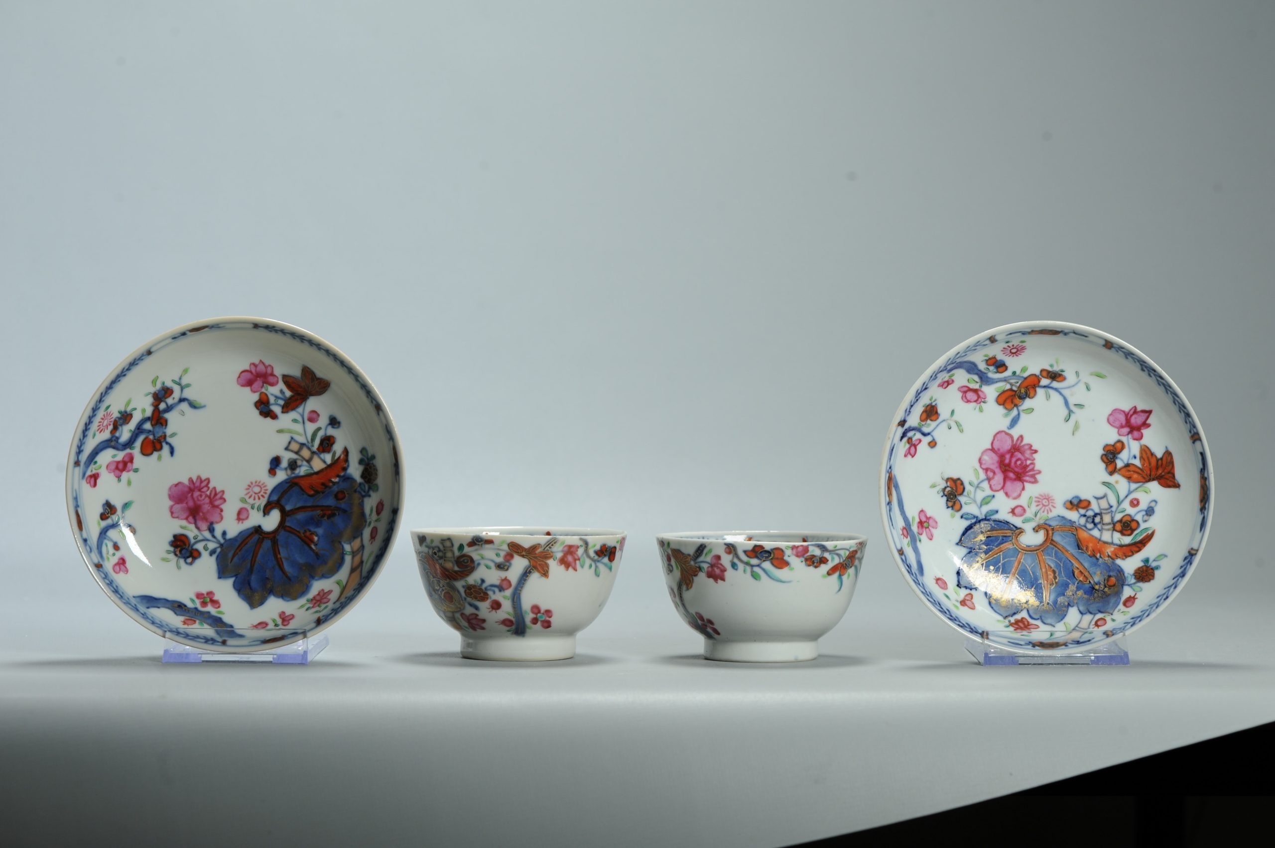 Pair 18C Chinese Porcelain Imari Tobacco leaf Tea Cup Bowl Dish Set Antique - Image 6