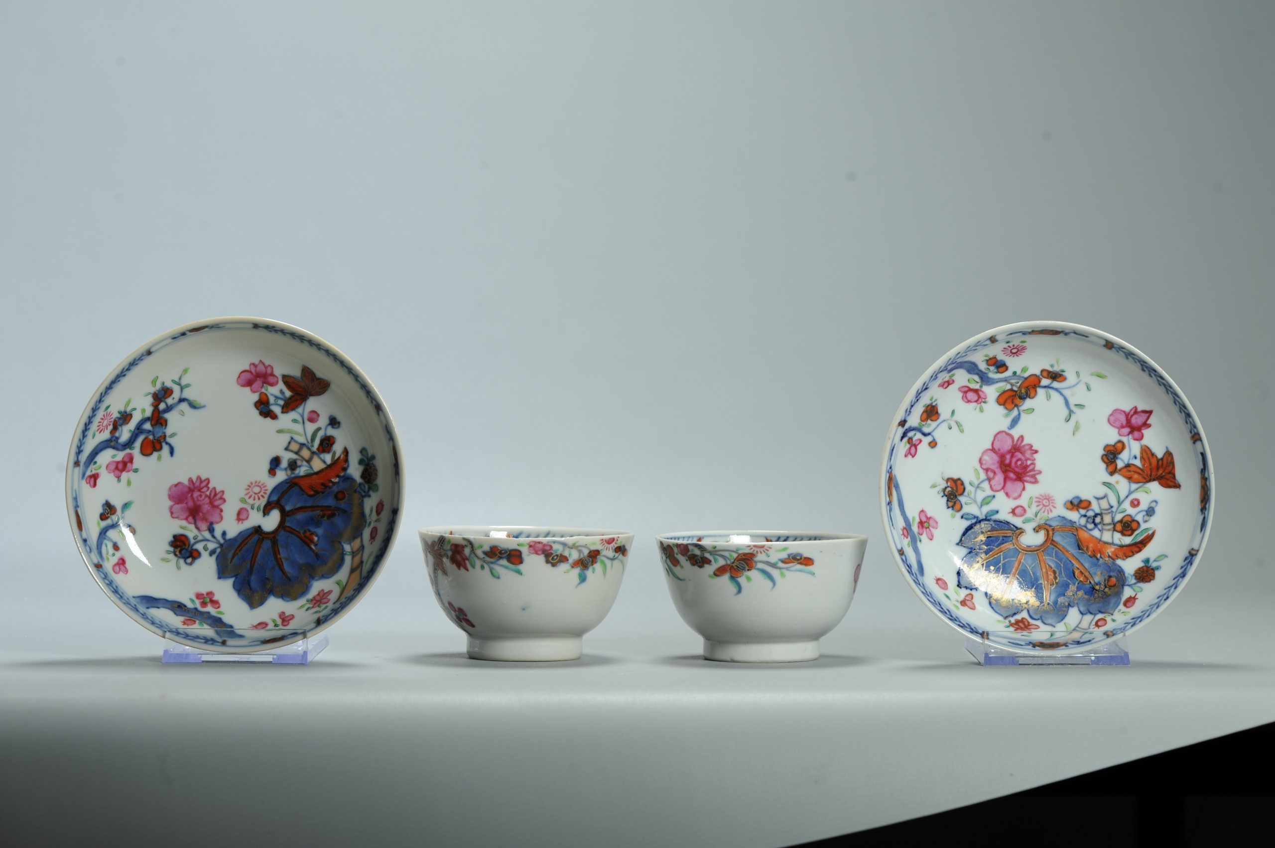 Pair 18C Chinese Porcelain Imari Tobacco leaf Tea Cup Bowl Dish Set Antique - Image 4