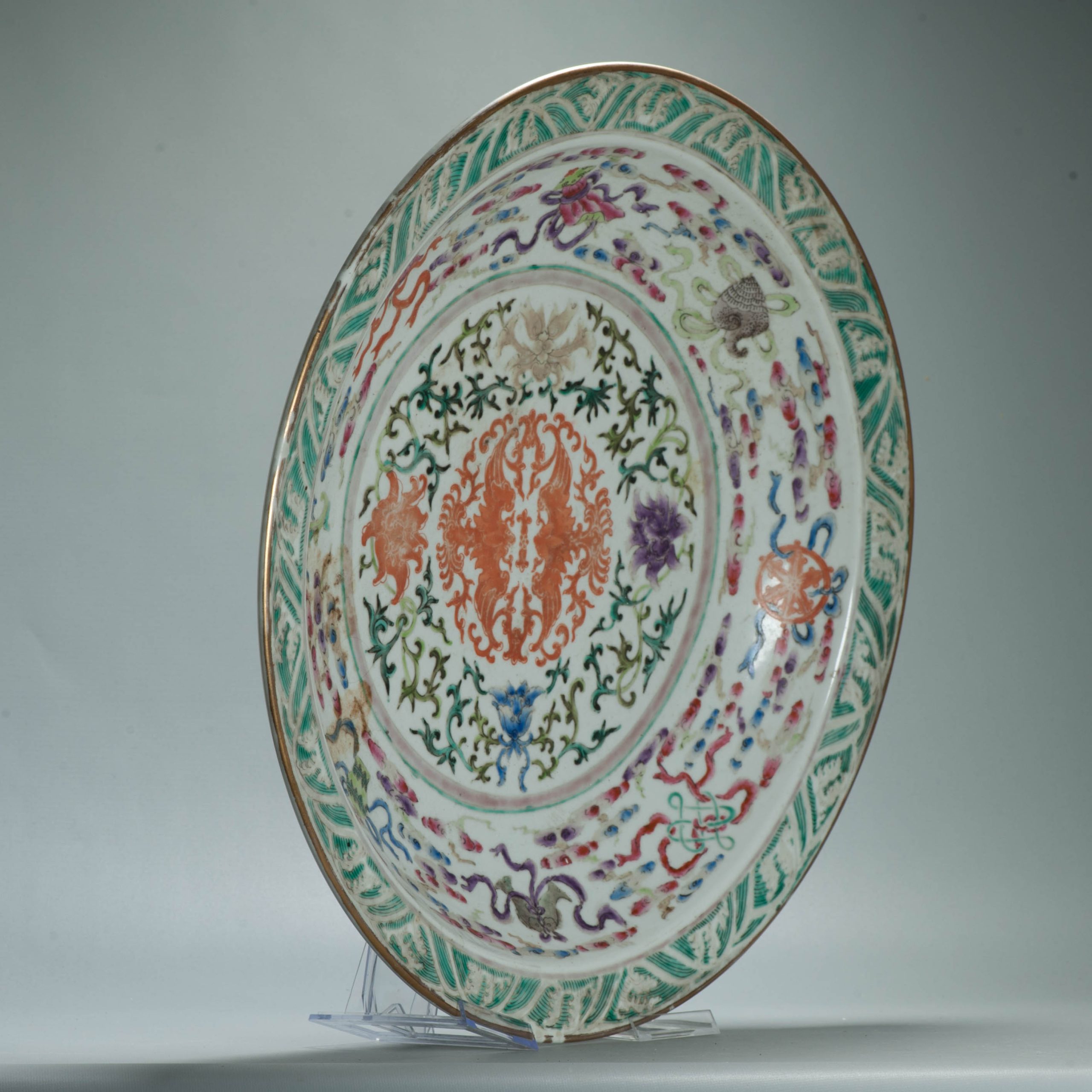 Antique 51CM 19C Chinese Porcelain 'Phoenix and Buddhist Emblems' charger - Image 3