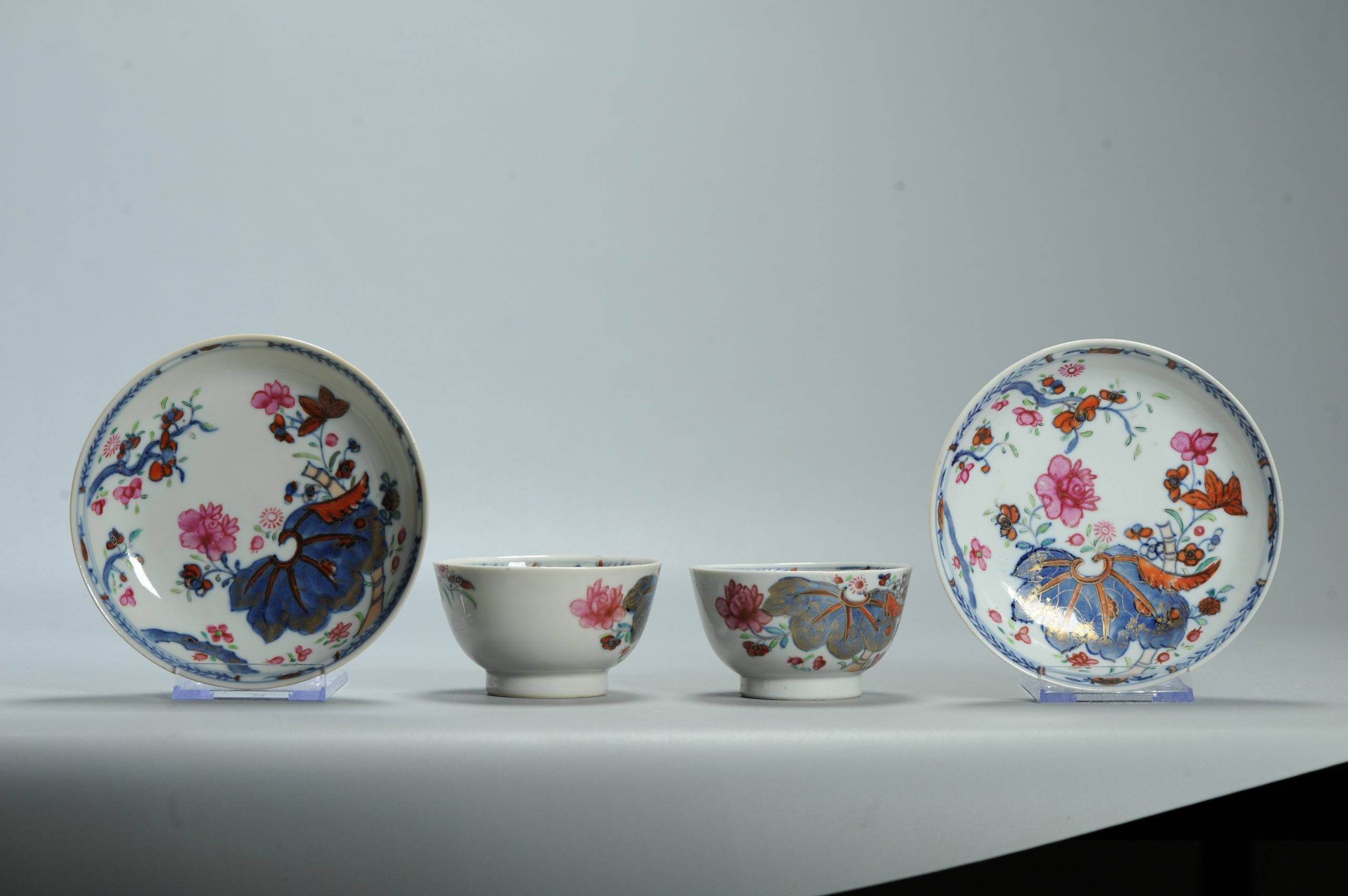 Pair 18C Chinese Porcelain Imari Tobacco leaf Tea Cup Bowl Dish Set Antique - Image 11