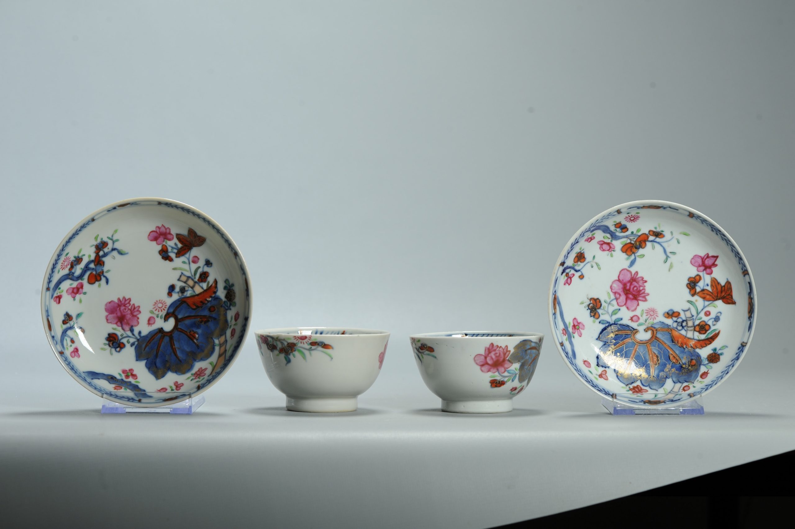 Pair 18C Chinese Porcelain Imari Tobacco leaf Tea Cup Bowl Dish Set Antique - Image 13