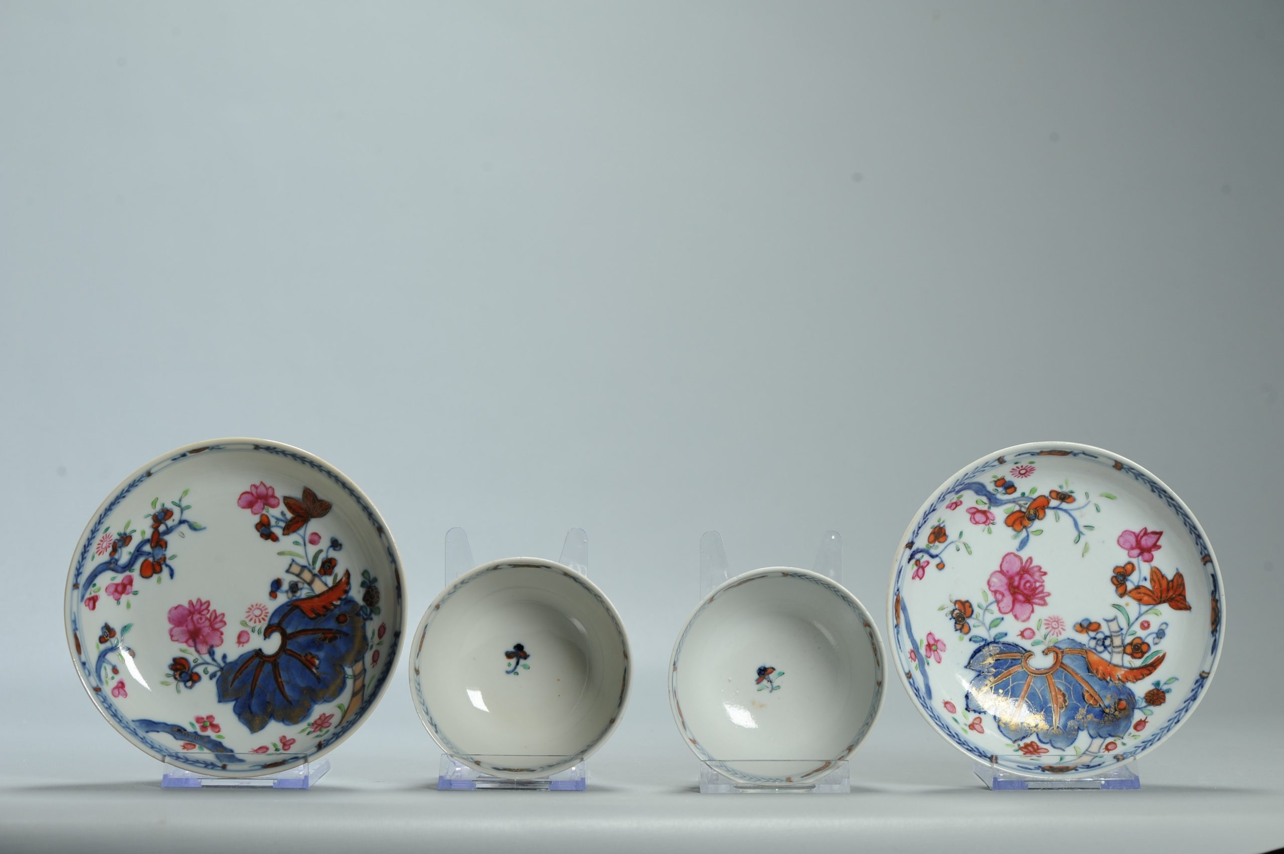 Pair 18C Chinese Porcelain Imari Tobacco leaf Tea Cup Bowl Dish Set Antique - Image 3