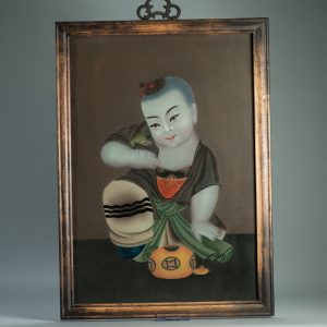 20C Very fine Chinese Behind Glass Painting Boys In Garden with Lotus