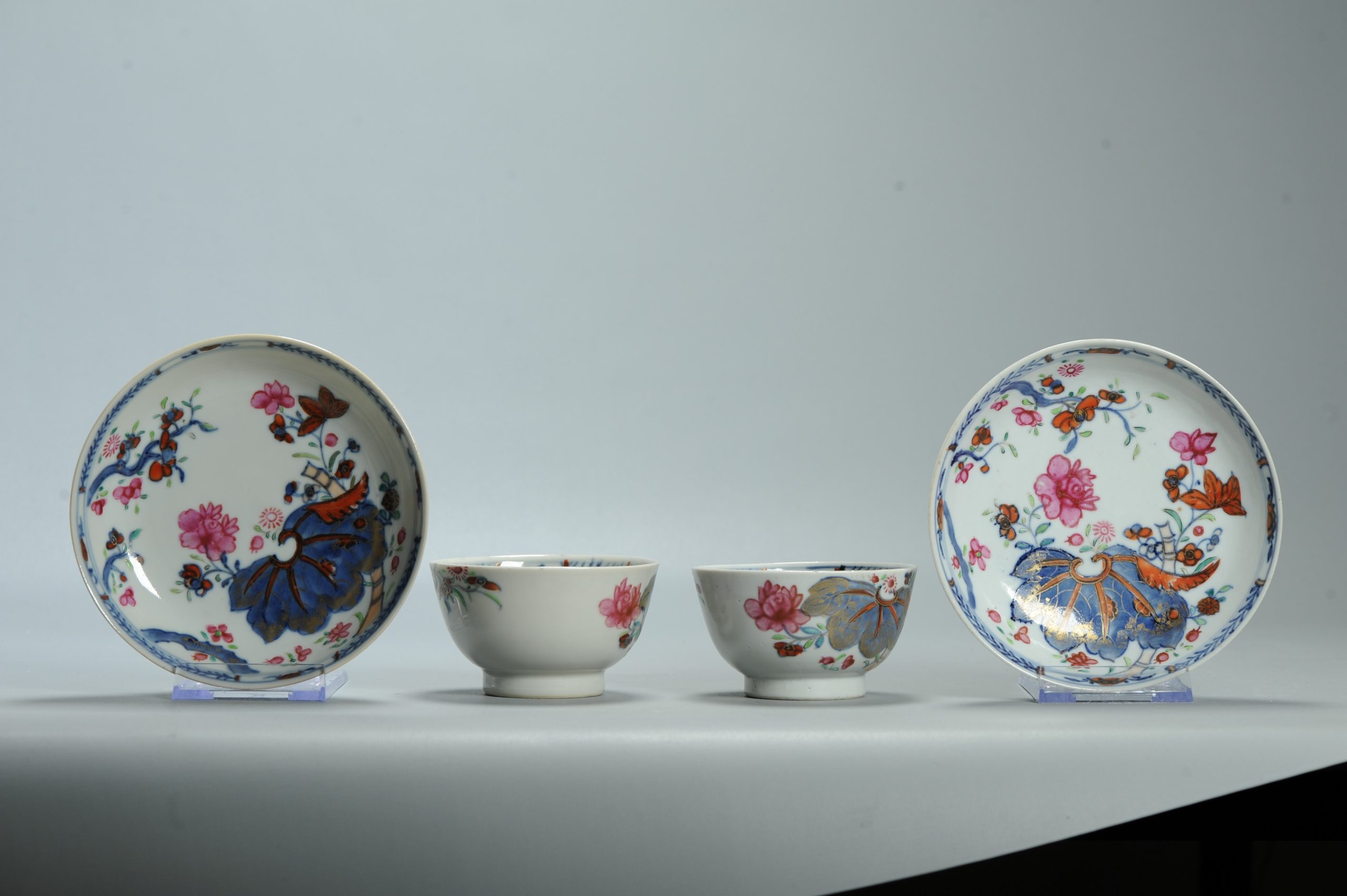 Pair 18C Chinese Porcelain Imari Tobacco leaf Tea Cup Bowl Dish Set Antique - Image 12