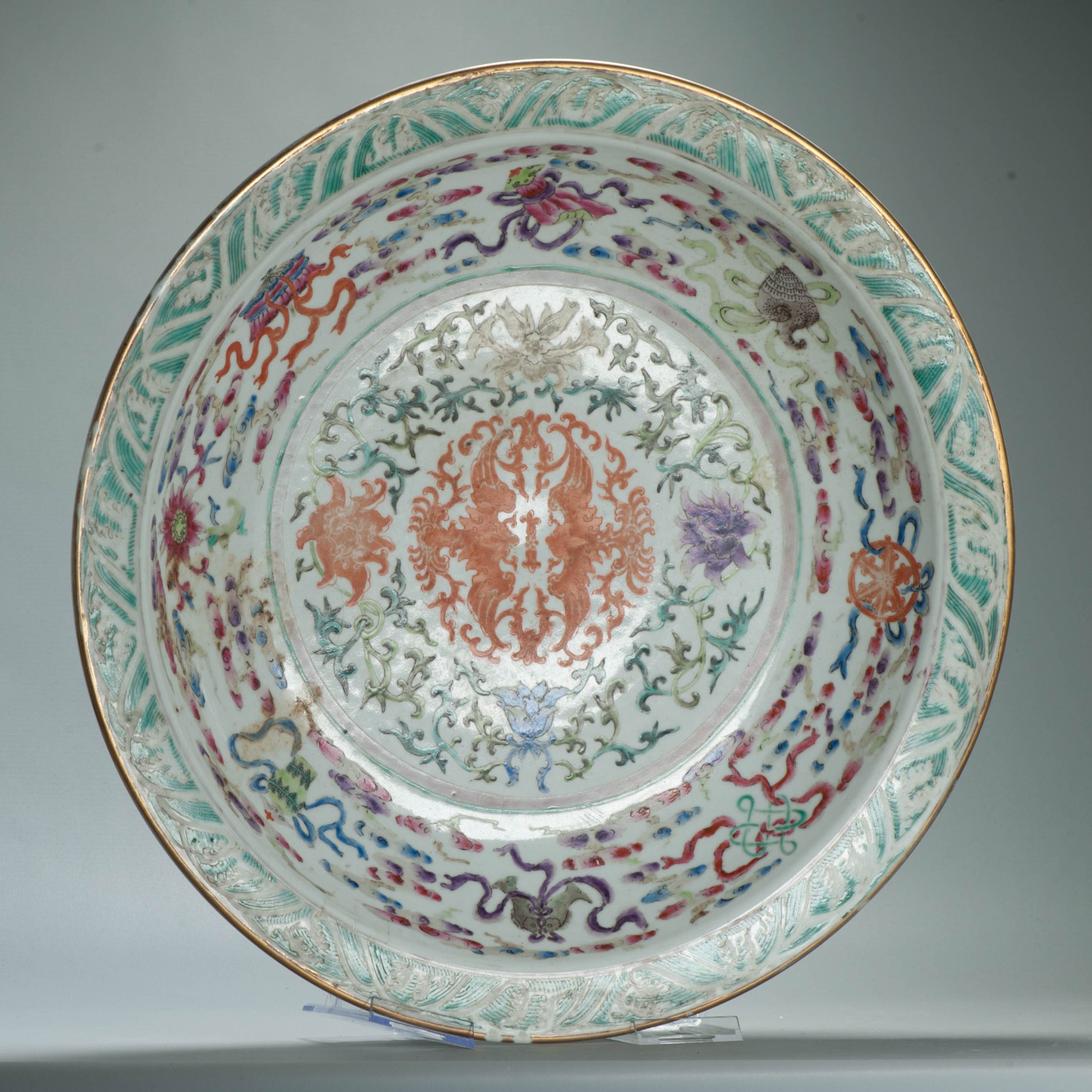 Antique 51CM 19C Chinese Porcelain 'Phoenix and Buddhist Emblems' charger - Image 2