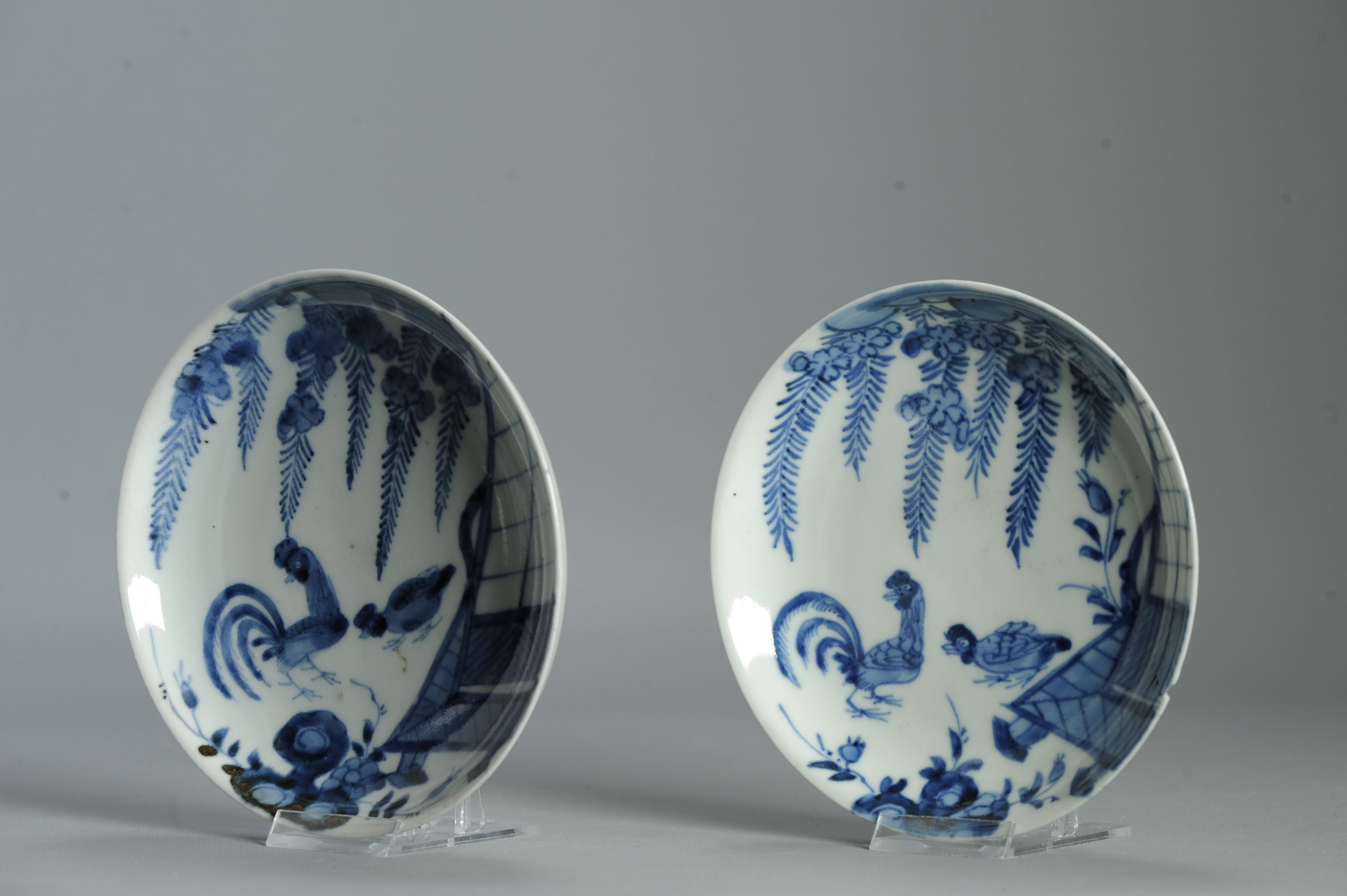 Pair Antique Edo Period Japanese Porcelain Arita Roosters Pagode Blue - Image 12