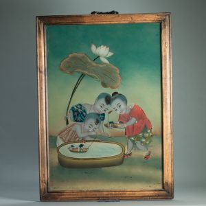 20C Very fine Chinese Behind Glass Painting Boys In Garden with Lotus