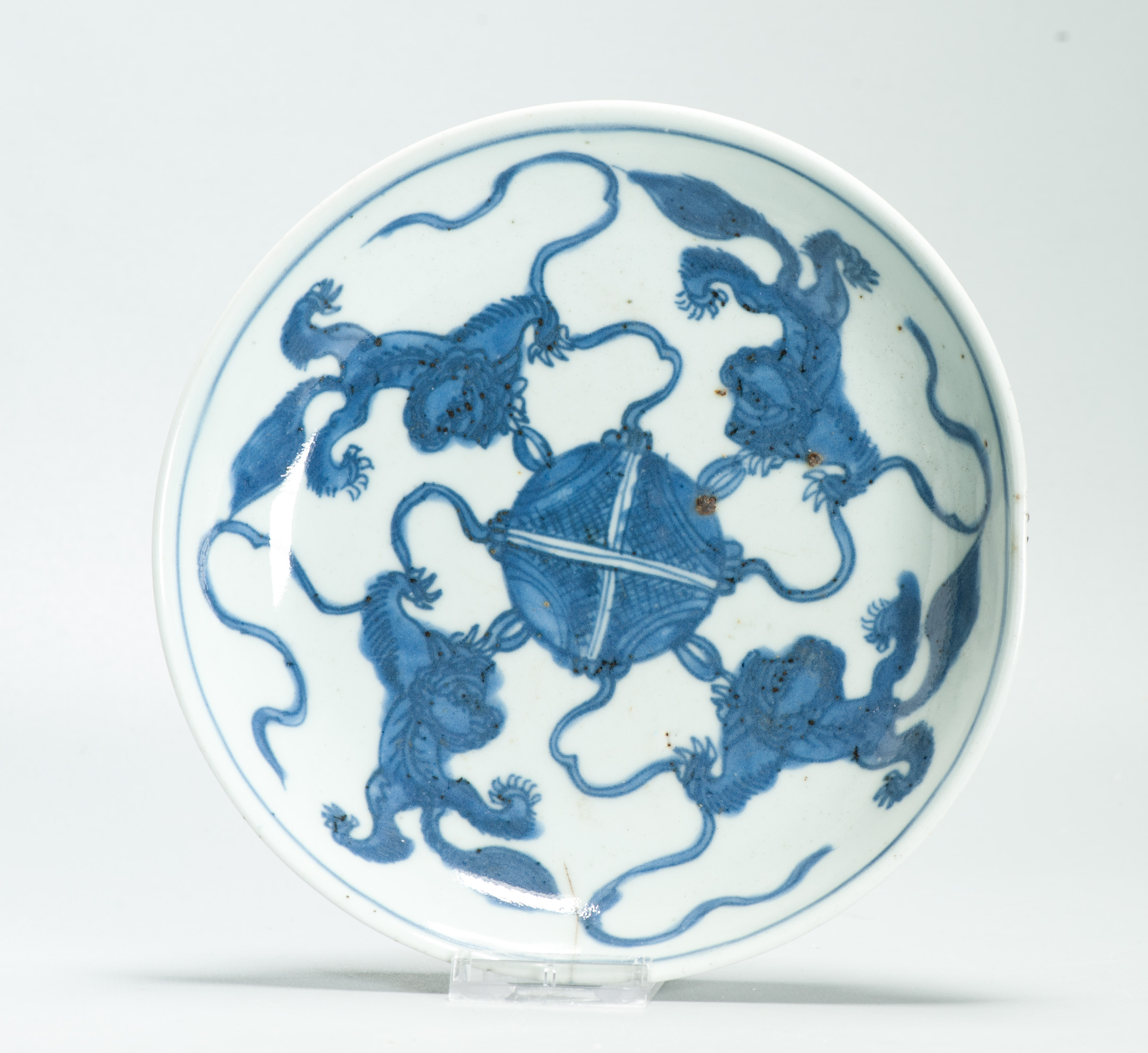 Antique Marked Ming Wanli Plate 16c Chinese Foo Lion Porcelain