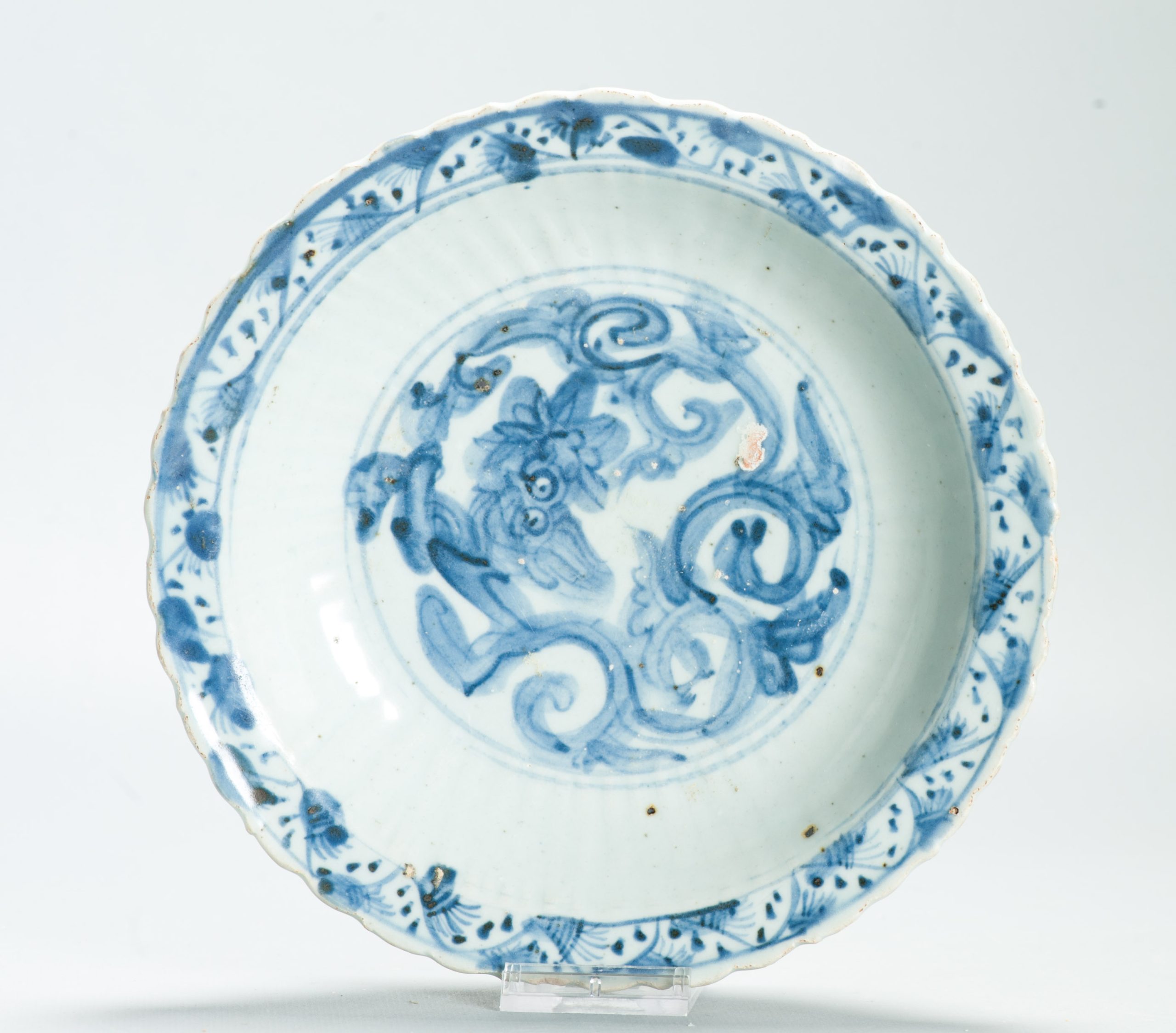 Antique Marked Ming Early Footed Plate First half 16th c Chinese Foo Lion Porcelain