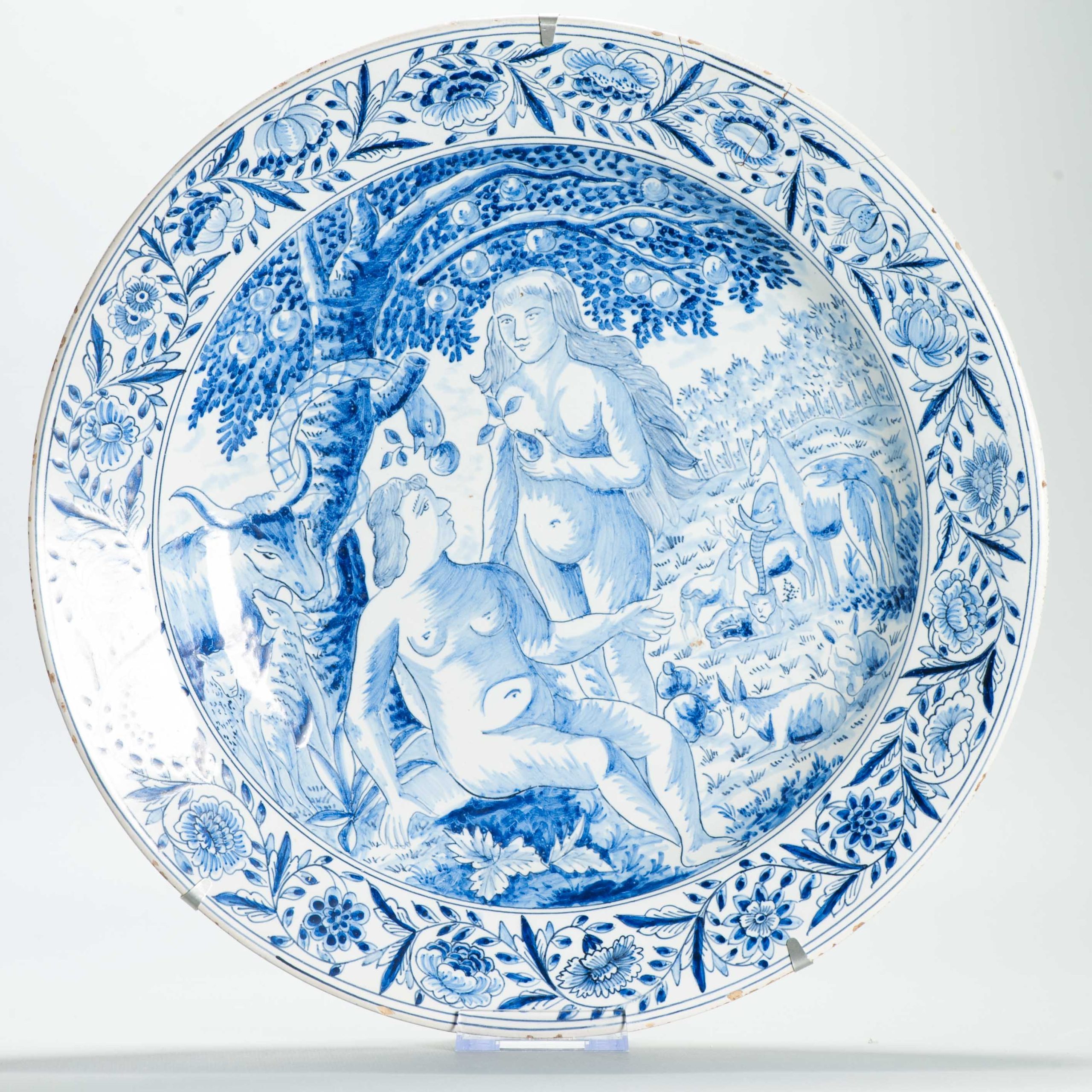 Antique 19th c French or Delftware Faience plate with Adam and Eve.
