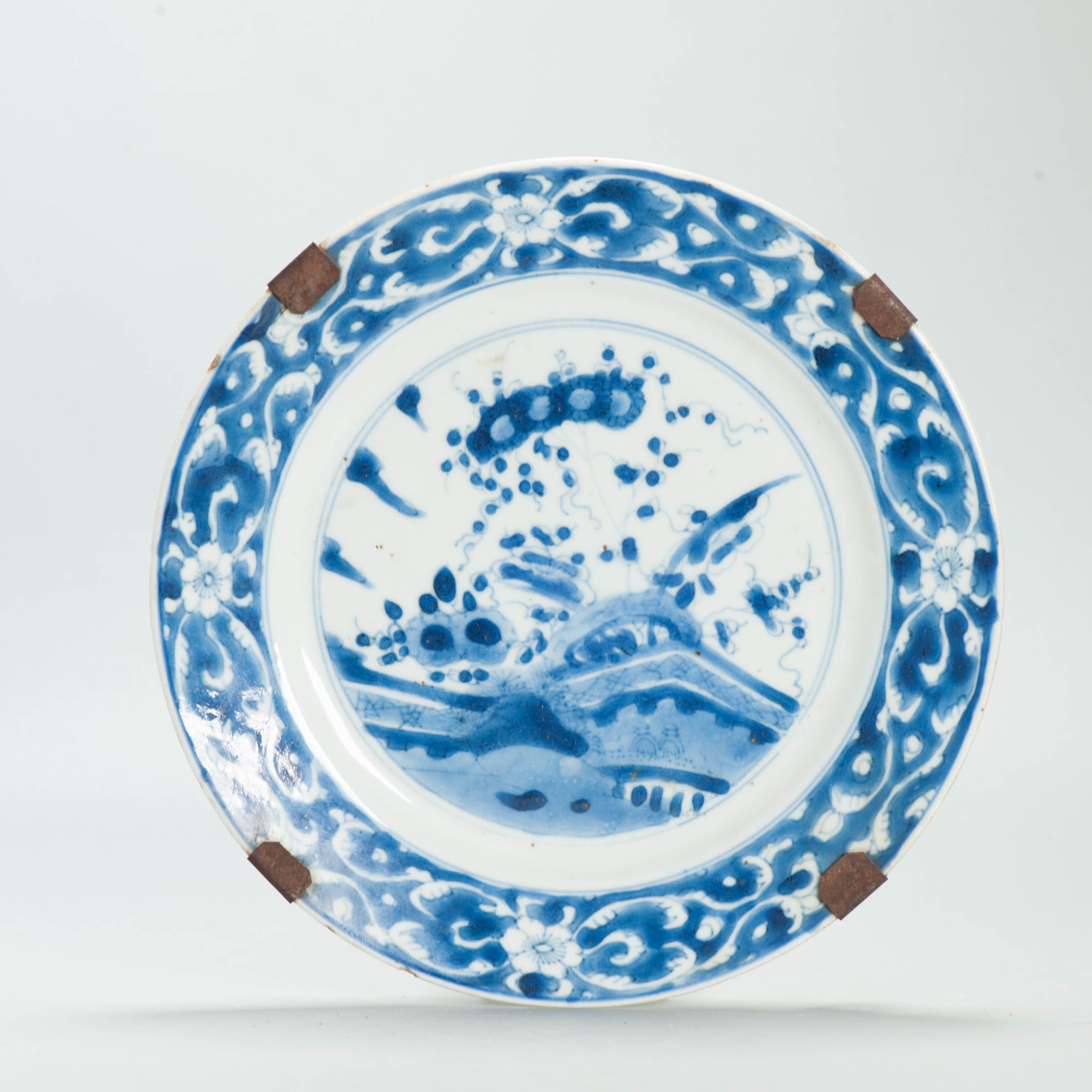 Antique Chinese Kangxi Blue & White Porcelain Dish Qing Dynasty Landscape Plate