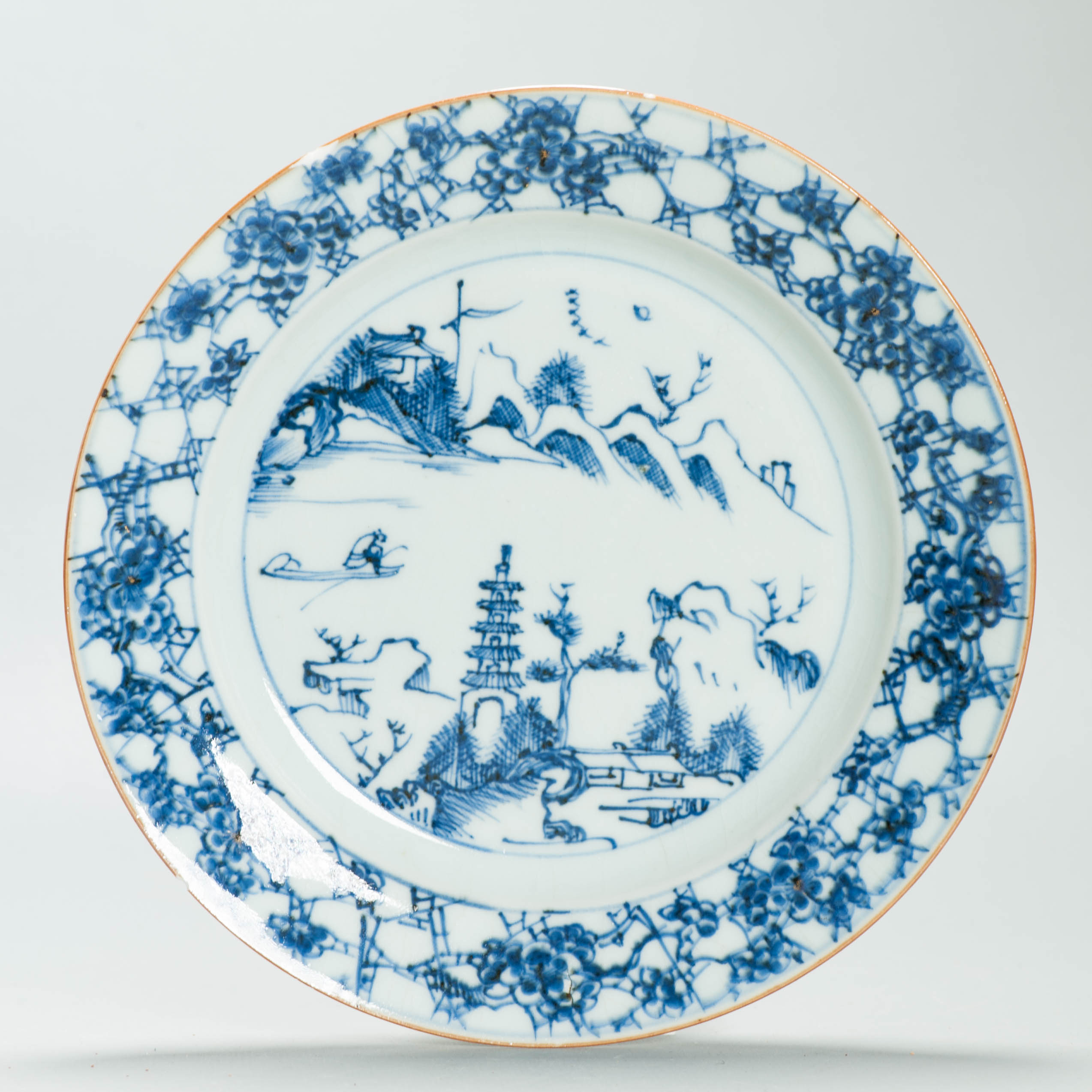 Unusual Antique Chinese Porcelain Kangxi period Landscape Fisherman Prunus Dish - 图片 5