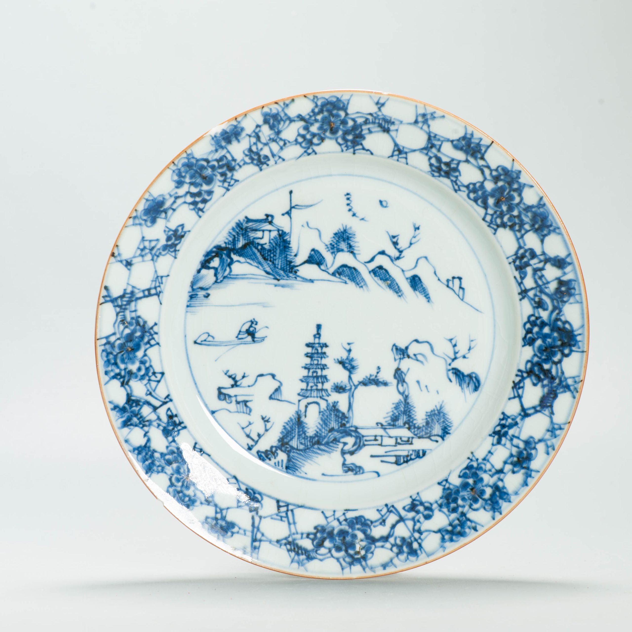 Unusual Antique Chinese Porcelain Kangxi period Landscape Fisherman Prunus Dish