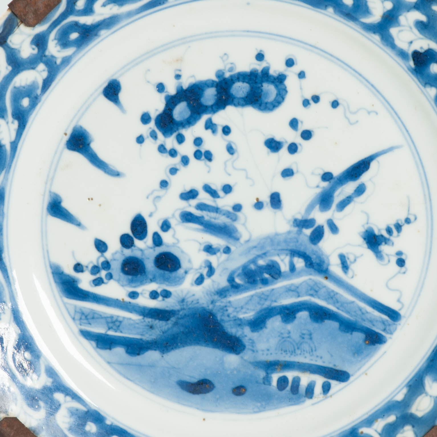 Antique Chinese Kangxi Blue & White Porcelain Dish Qing Dynasty Landscape Plate