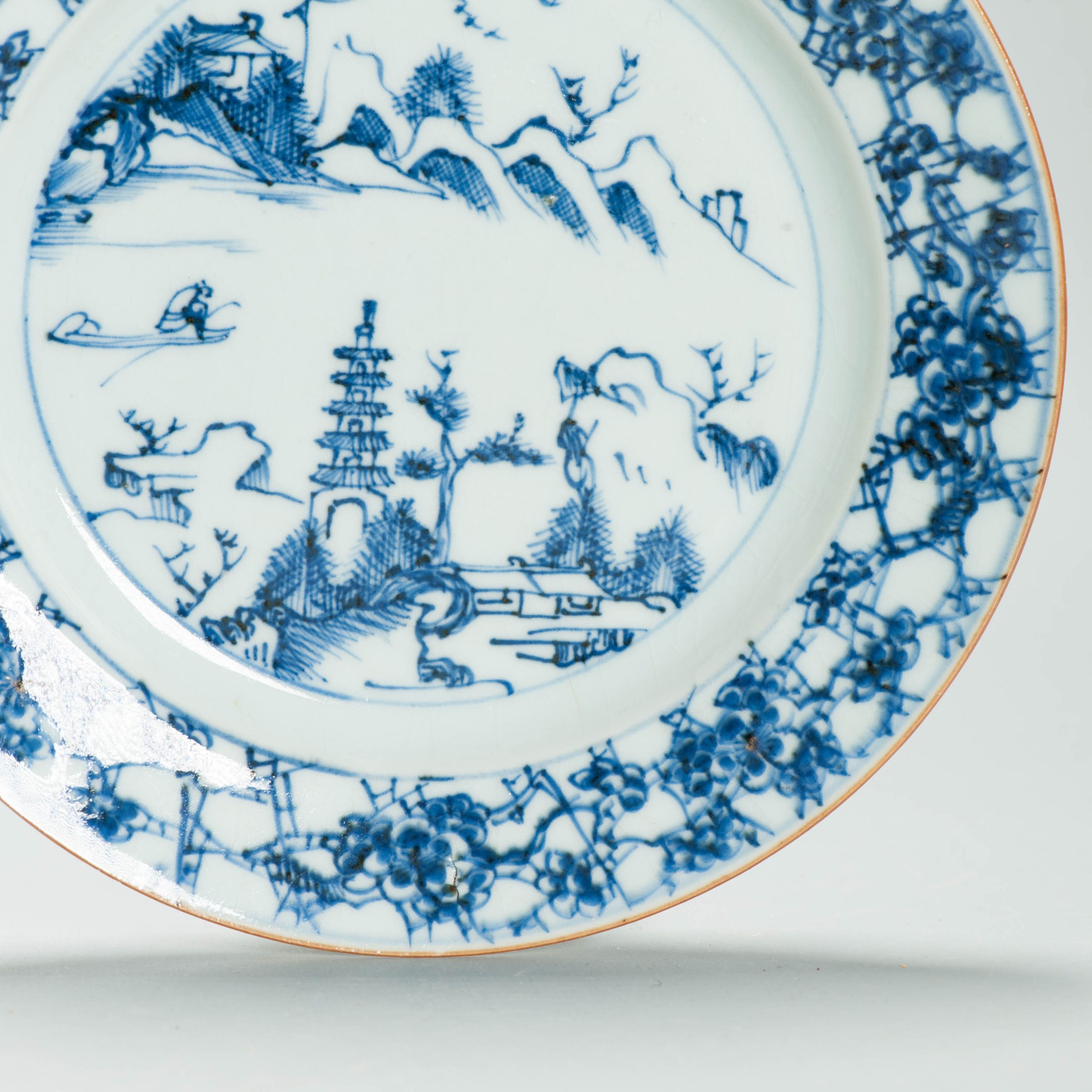 Unusual Antique Chinese Porcelain Kangxi period Landscape Fisherman Prunus Dish - 图片 6