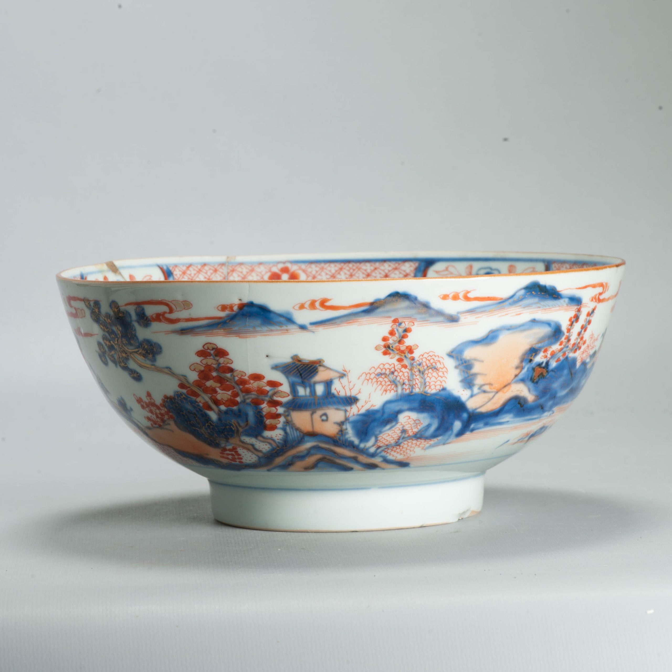 Antique 1700-20 Kangxi Qing Chinese Porcelain Bowl Landscape Imari - Image 8