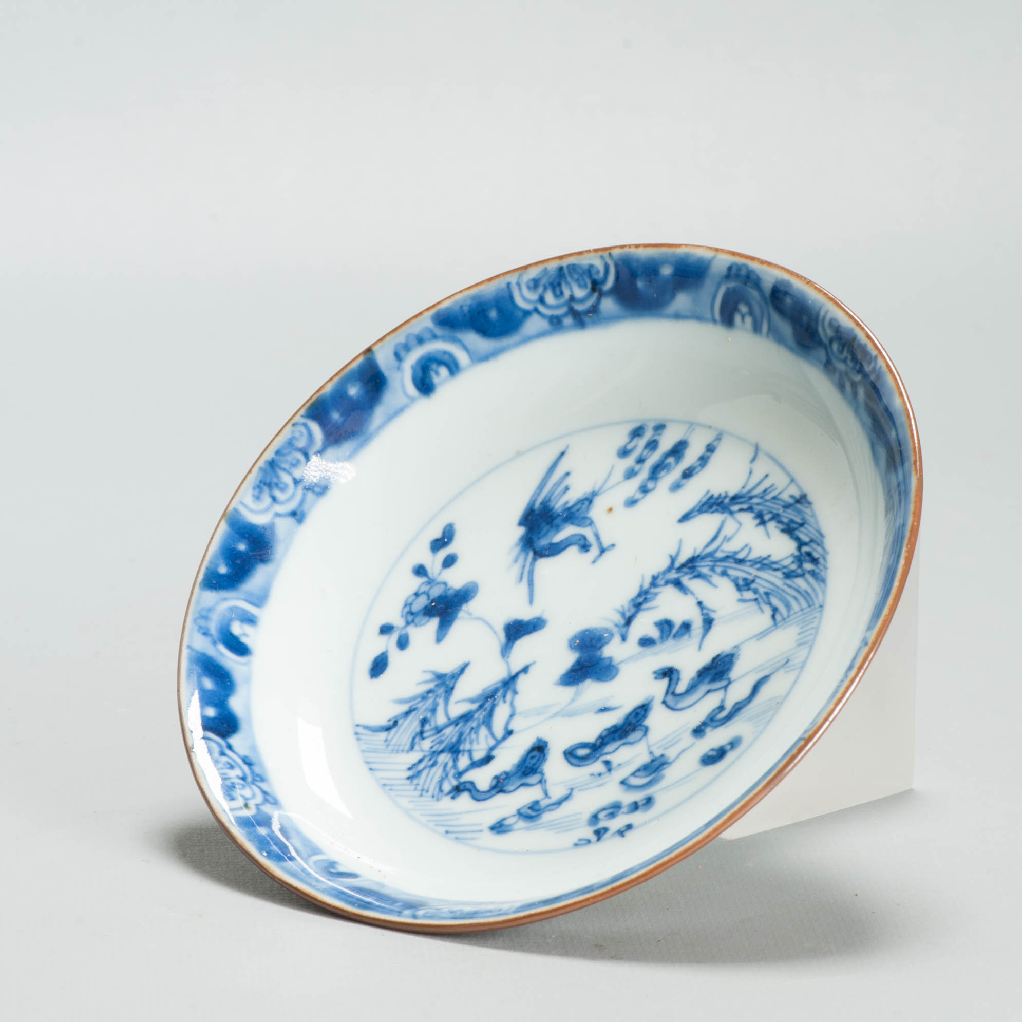 Antique Ca 1700 Chinese Porcelain Dish Kangxi Blue White & Cafe au Lait Ducks CHina - Image 6