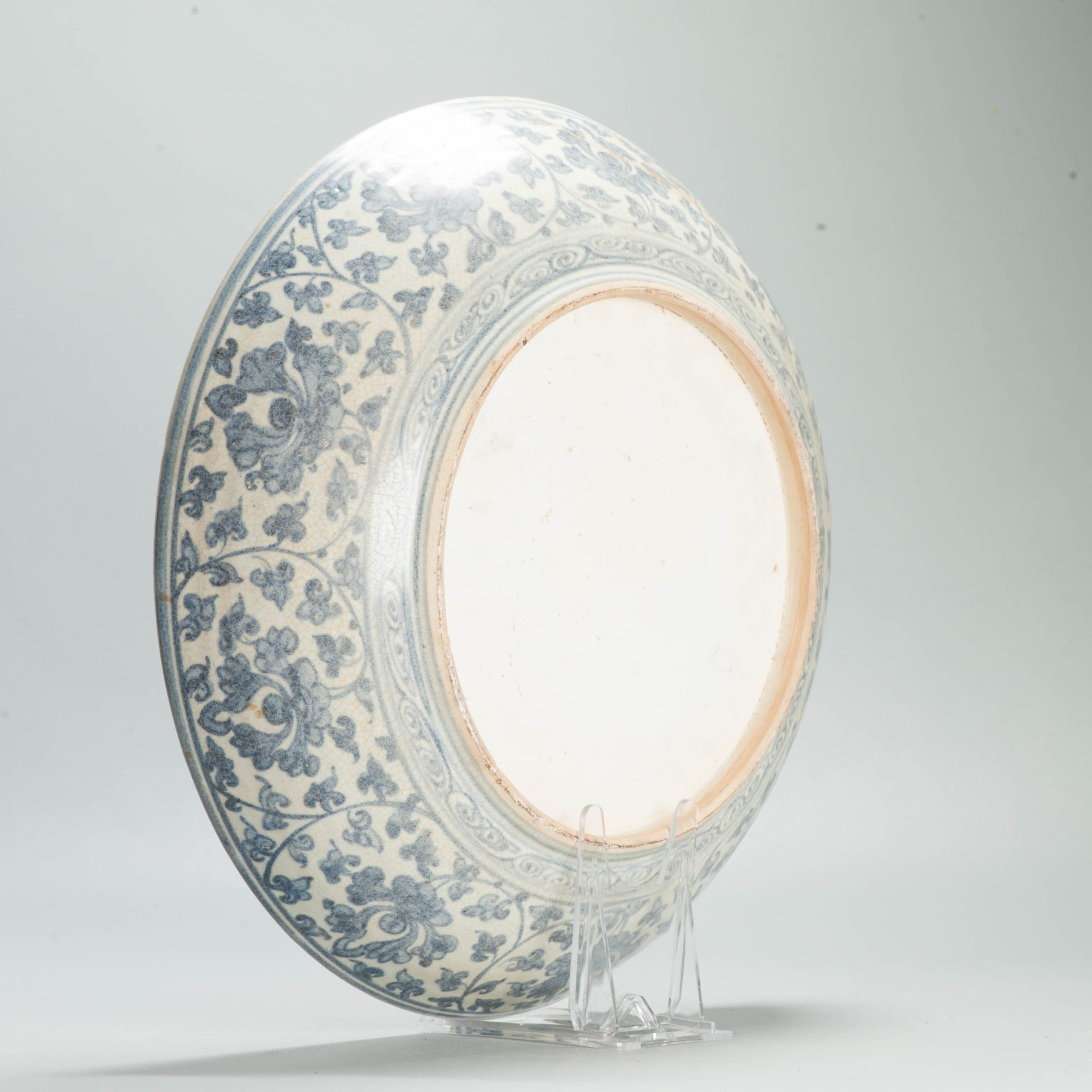 Antique Ming Chinese 15th C Hongzhi/ Zhengde Period Blue White Reverse Decorated Plate - Image 10