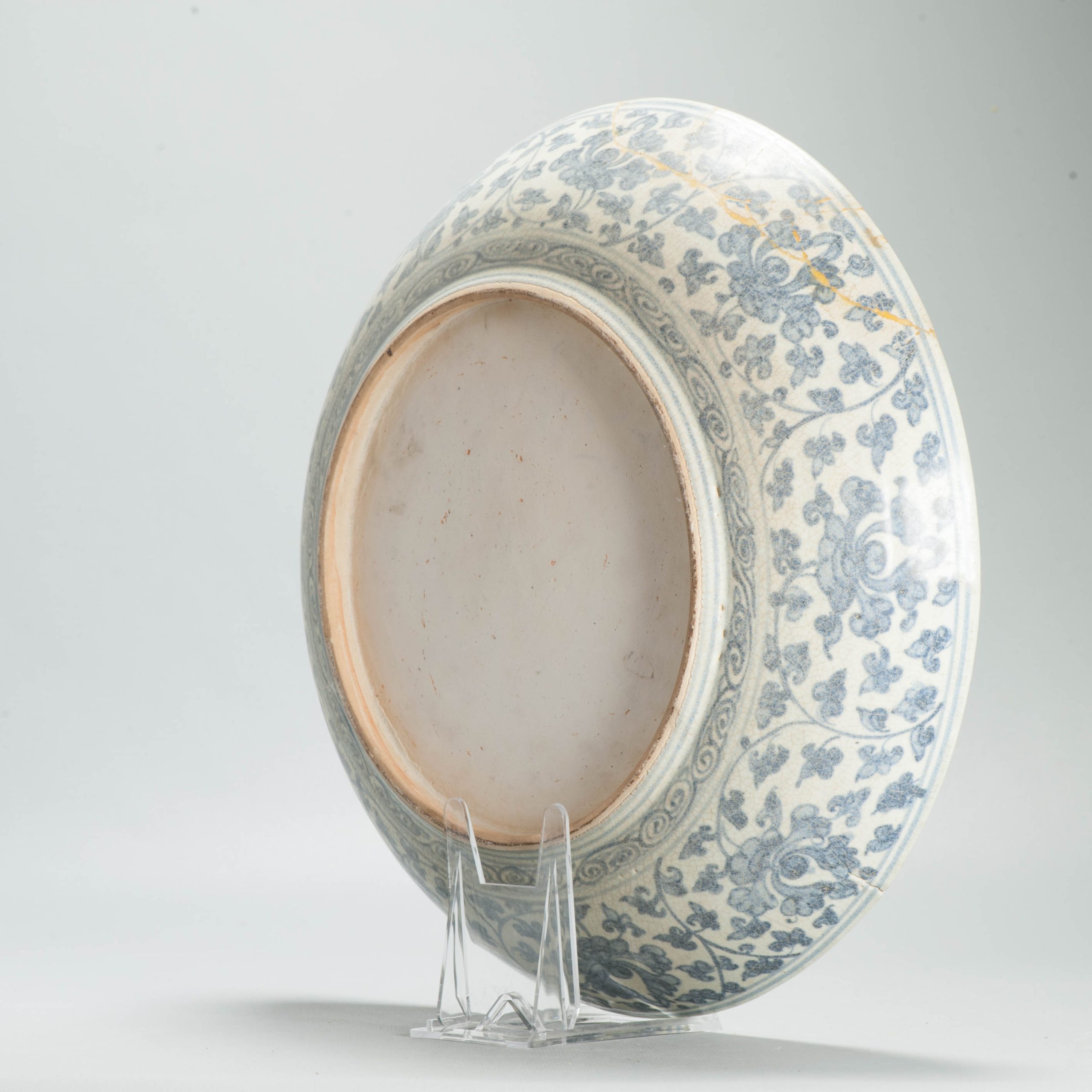 Antique Ming Chinese 15th C Hongzhi/ Zhengde Period Blue White Reverse Decorated Plate - Image 7