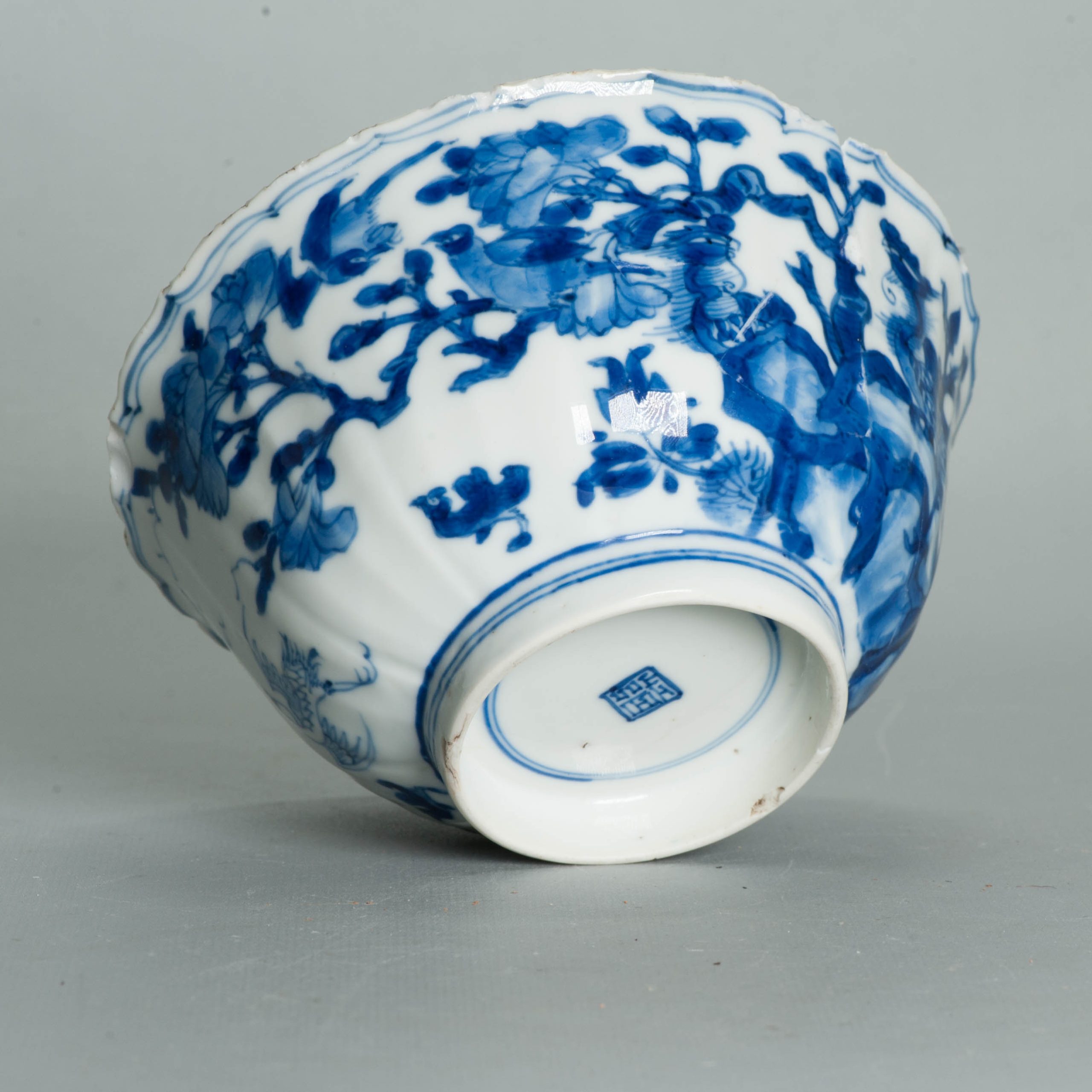 Interesting Antique Chinese Porcelain Bowl Kangxi Period Cranes & Flowers - Image 12