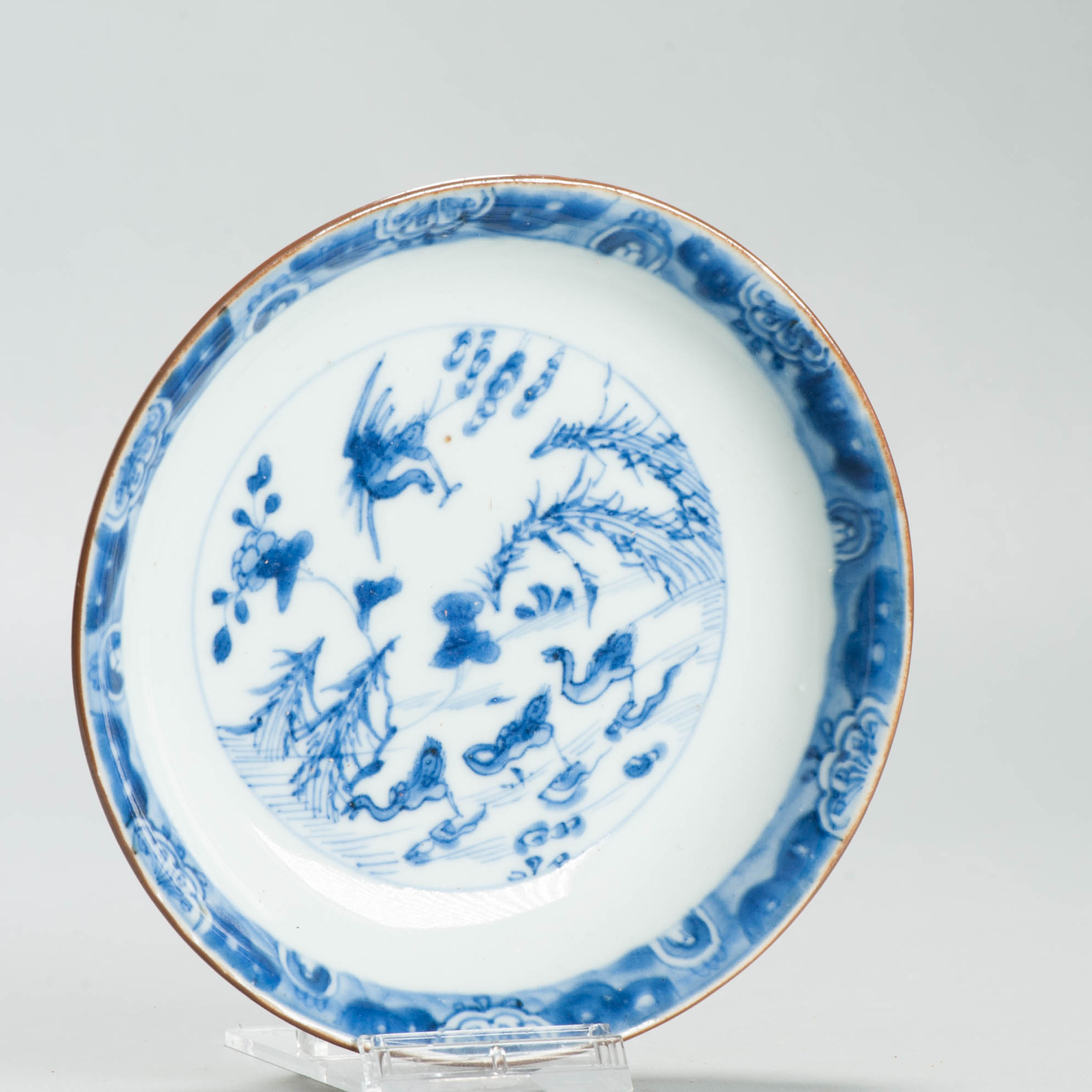 Antique Ca 1700 Chinese Porcelain Dish Kangxi Blue White & Cafe au Lait Ducks CHina - Image 3