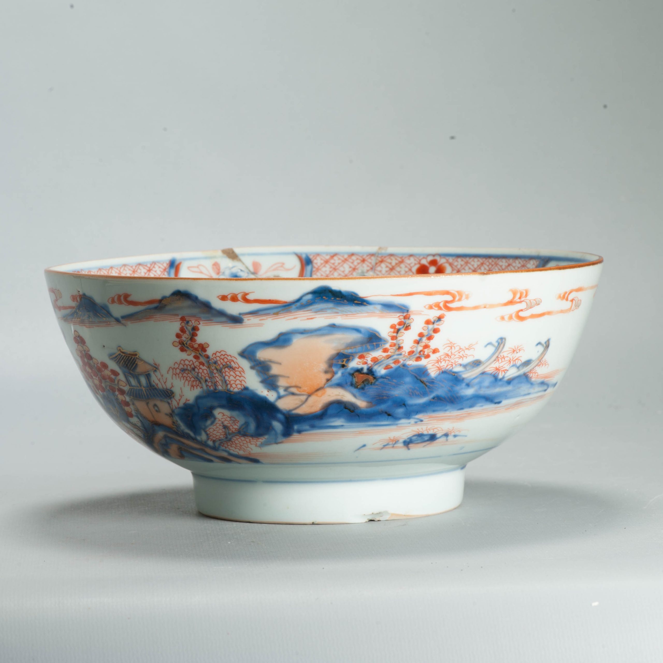 Antique 1700-20 Kangxi Qing Chinese Porcelain Bowl Landscape Imari - Image 7