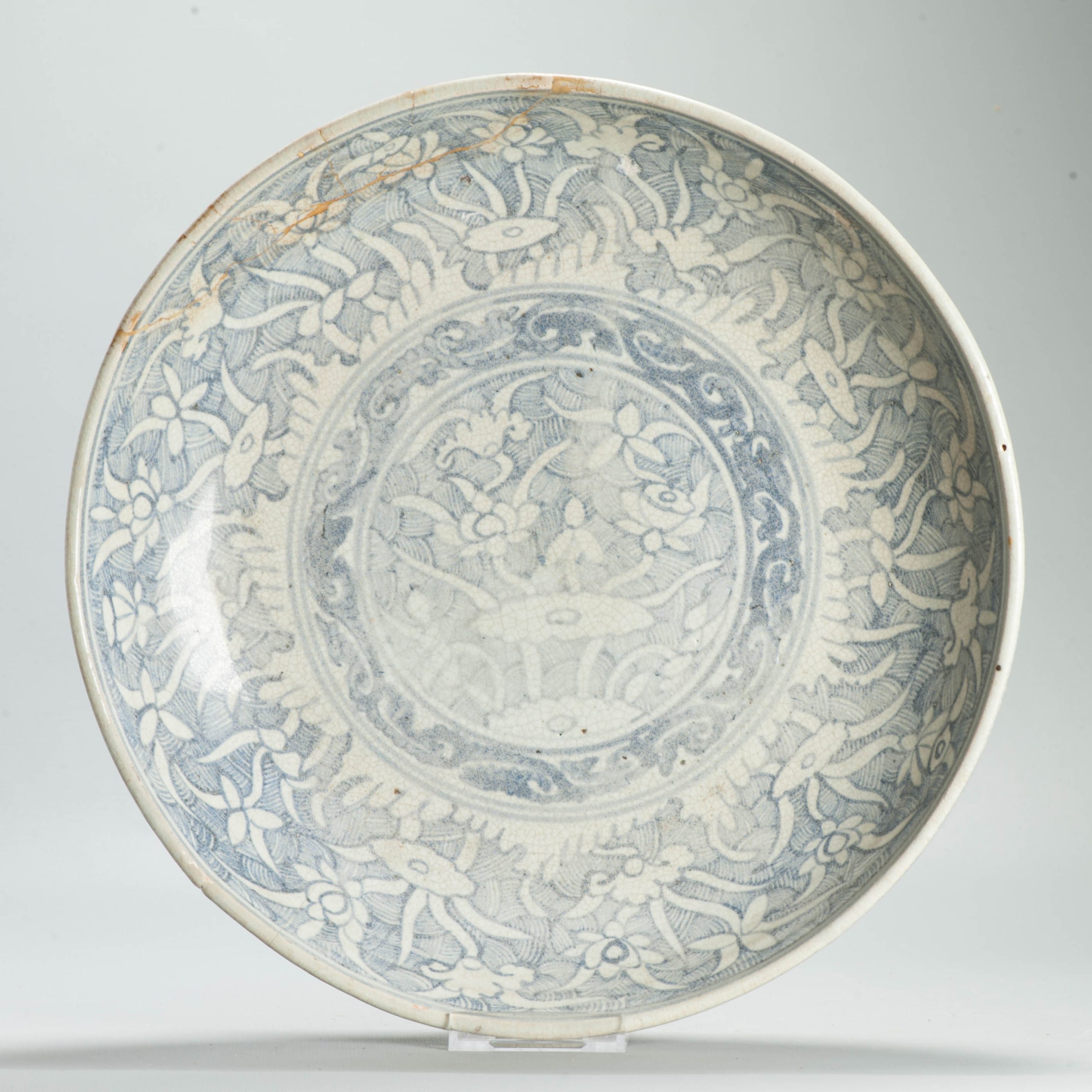 Antique Ming Chinese 15th C Hongzhi/ Zhengde Period Blue White Reverse Decorated Plate - Image 14