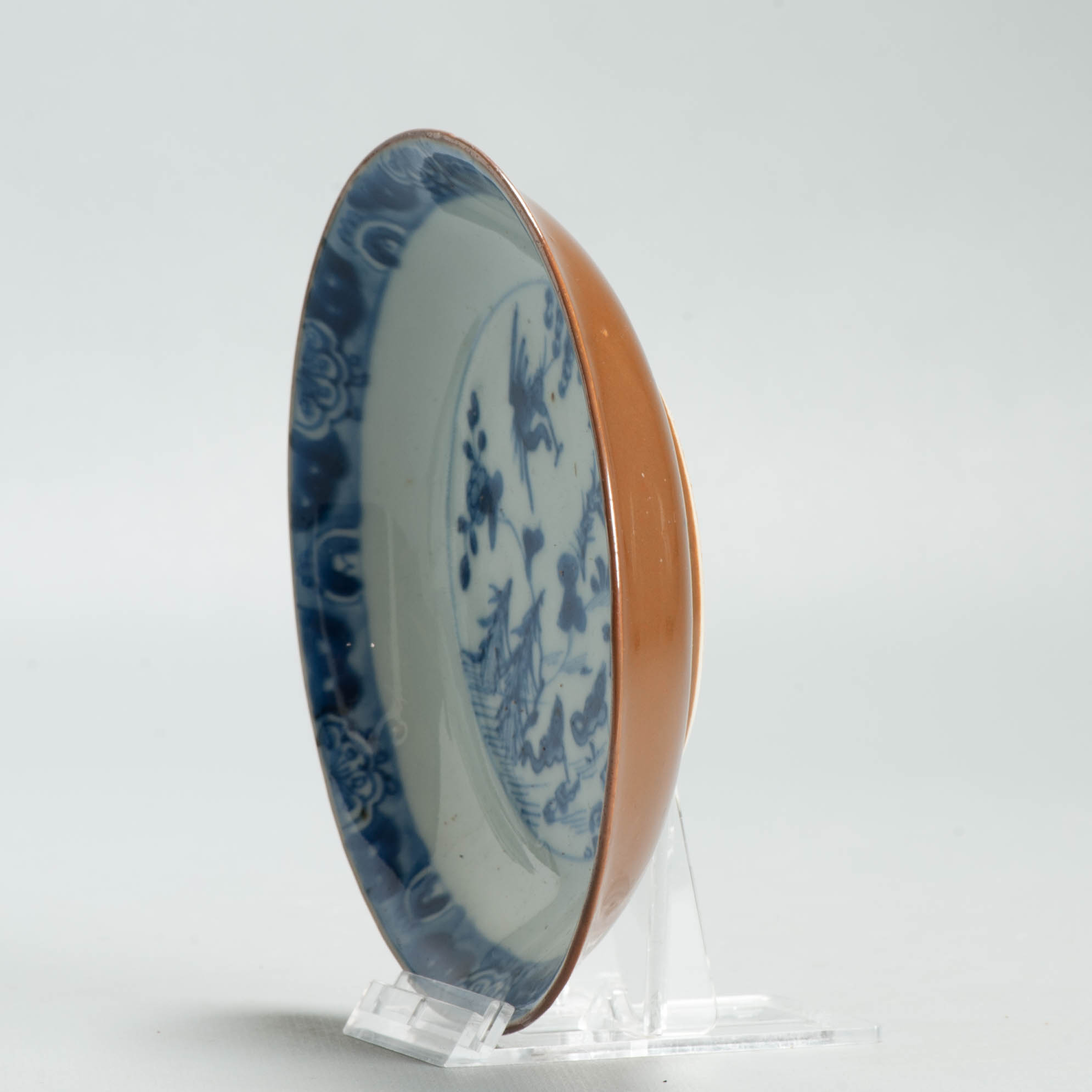 Antique Ca 1700 Chinese Porcelain Dish Kangxi Blue White & Cafe au Lait Ducks CHina - Image 13