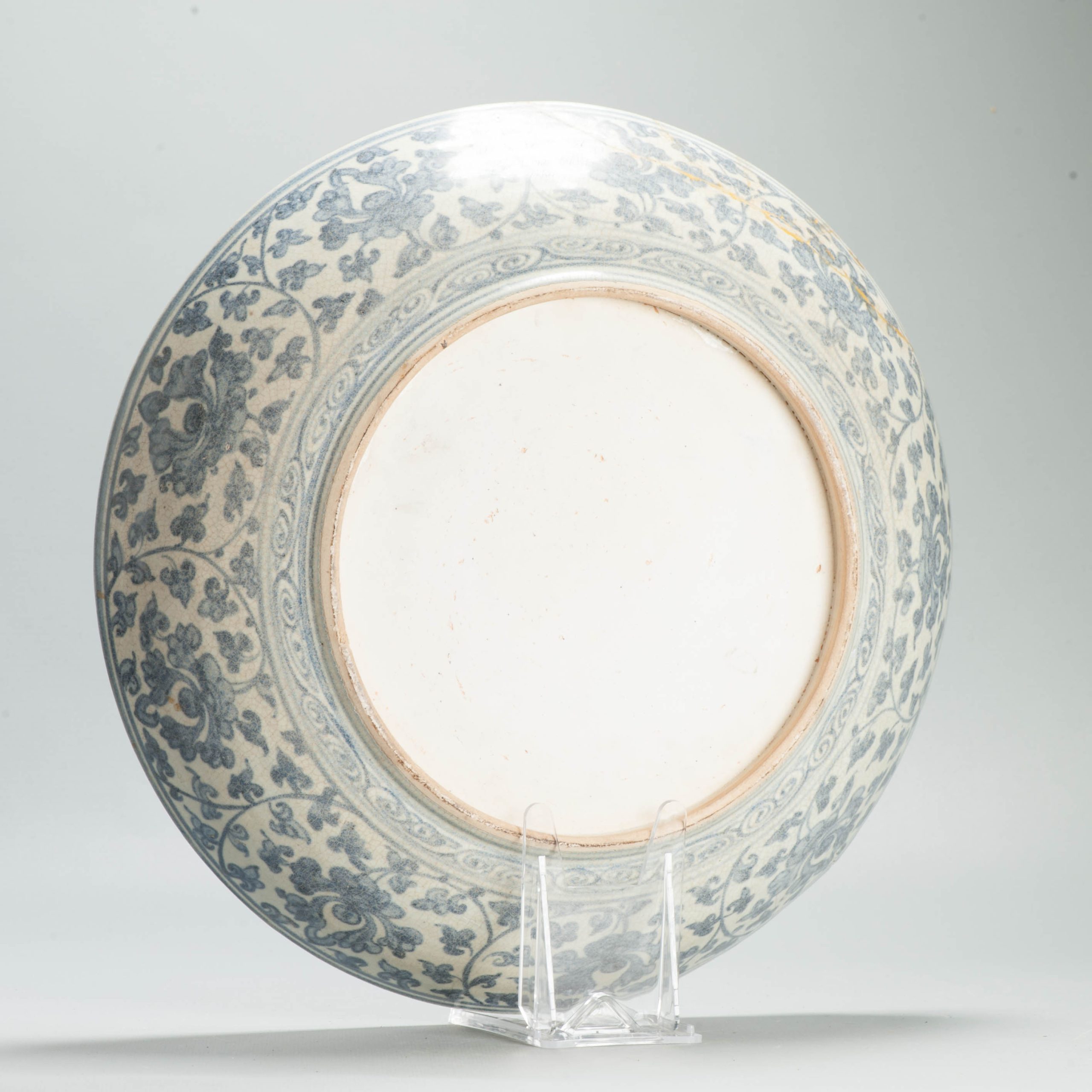 Antique Ming Chinese 15th C Hongzhi/ Zhengde Period Blue White Reverse Decorated Plate - Image 9