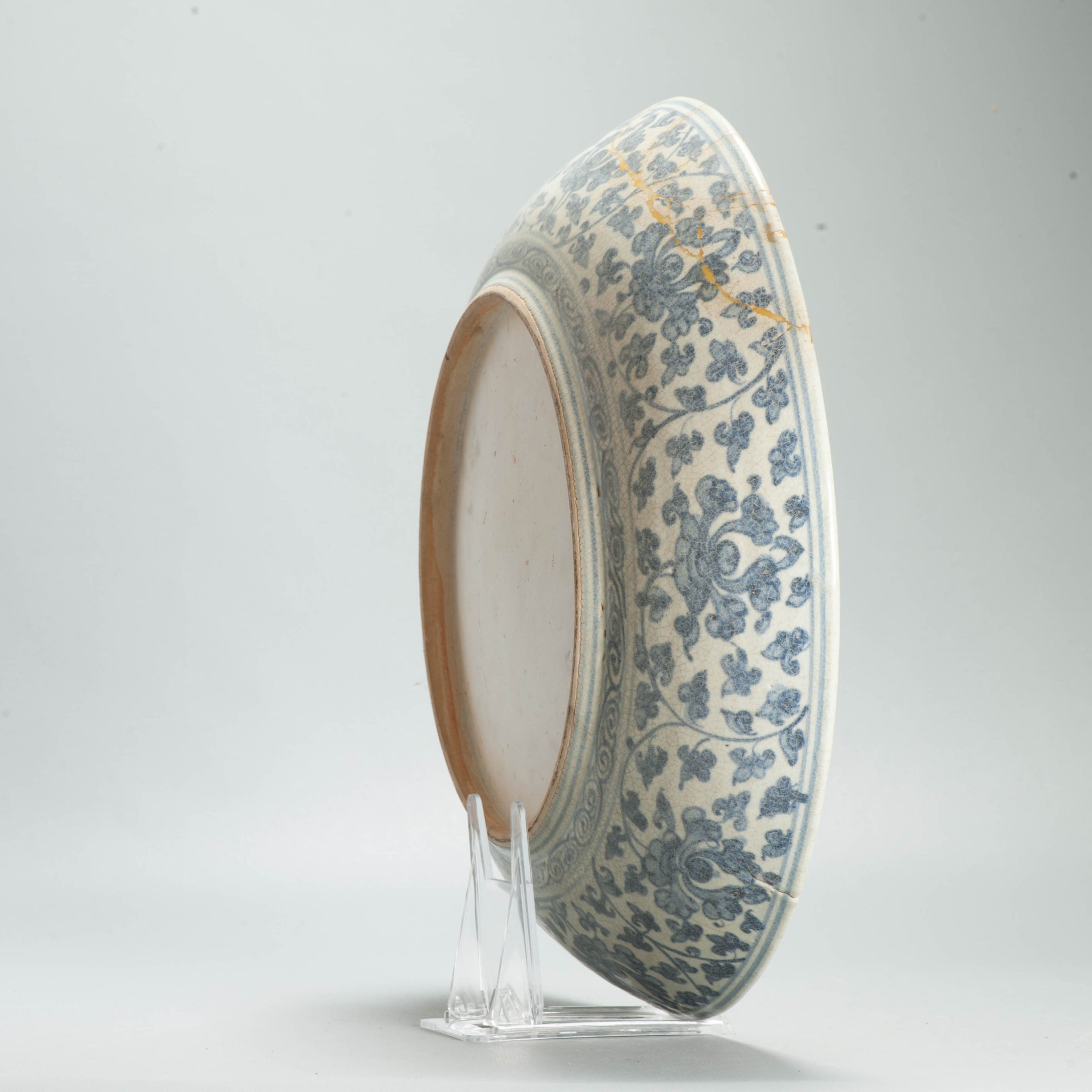 Antique Ming Chinese 15th C Hongzhi/ Zhengde Period Blue White Reverse Decorated Plate - Image 6
