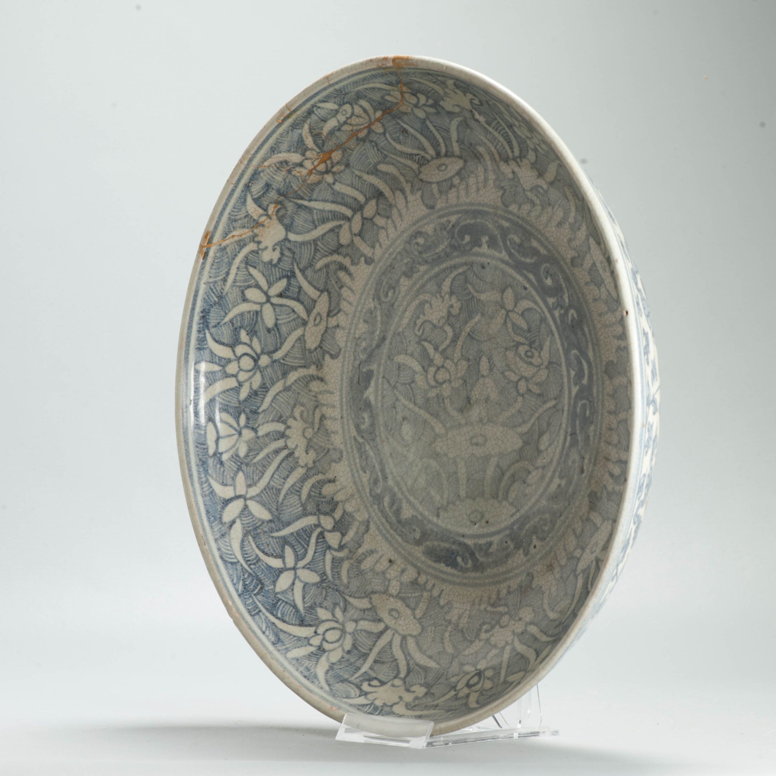 Antique Ming Chinese 15th C Hongzhi/ Zhengde Period Blue White Reverse Decorated Plate - Image 13