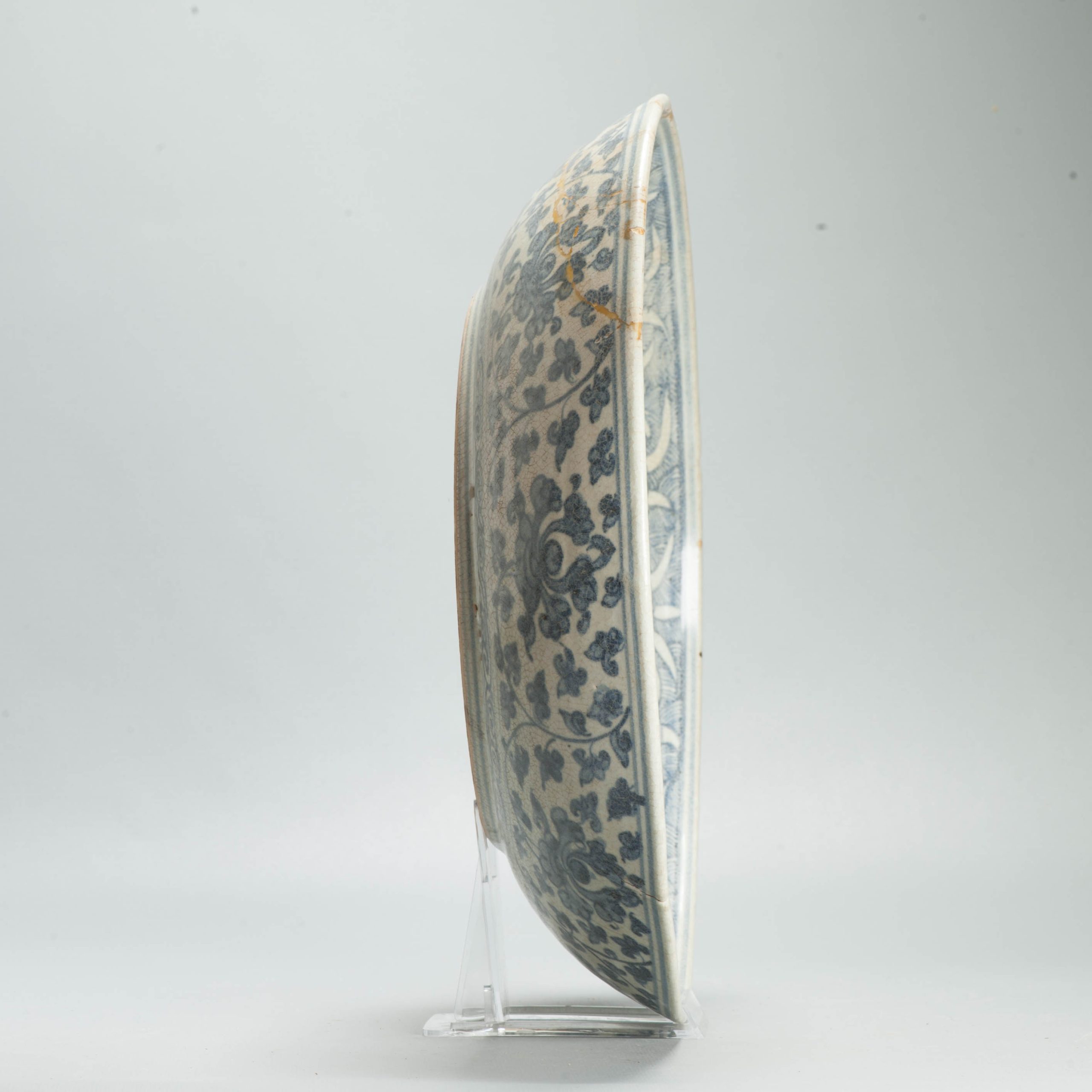 Antique Ming Chinese 15th C Hongzhi/ Zhengde Period Blue White Reverse Decorated Plate - Image 5