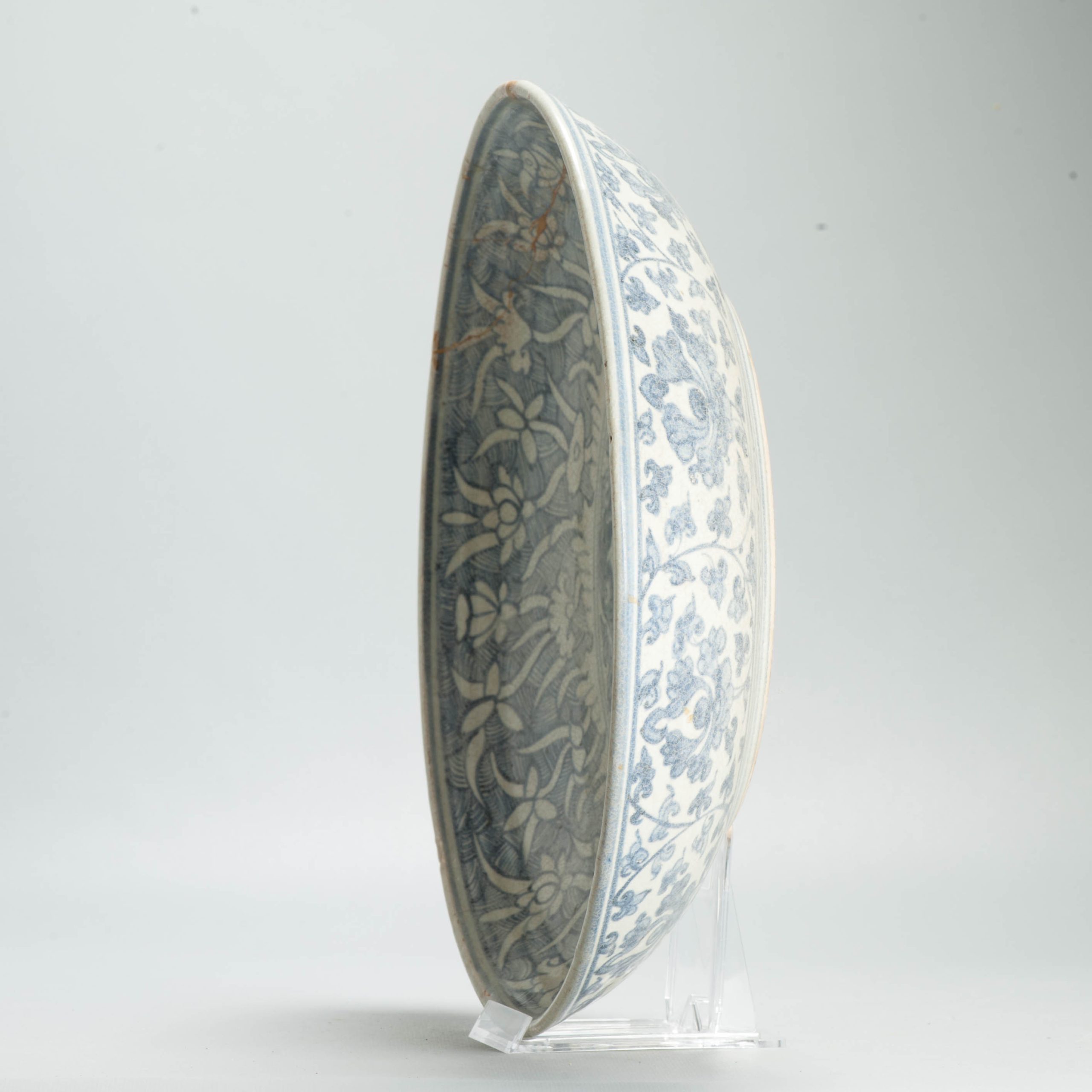 Antique Ming Chinese 15th C Hongzhi/ Zhengde Period Blue White Reverse Decorated Plate - Image 12