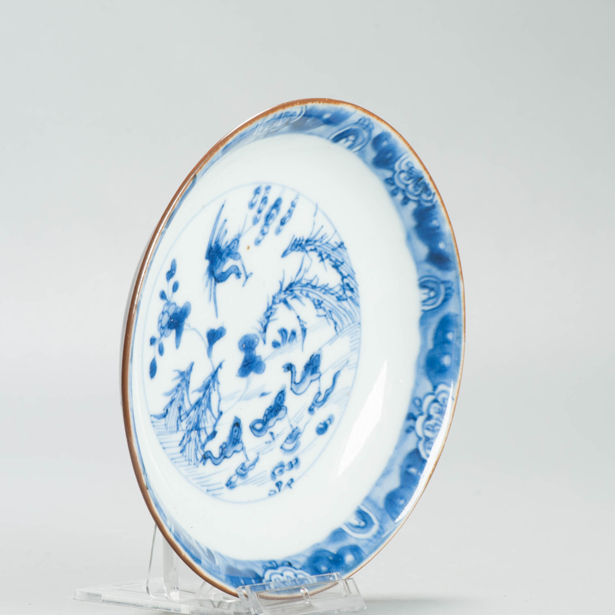 Antique Ca 1700 Chinese Porcelain Dish Kangxi Blue White & Cafe au Lait Ducks CHina - Image 4