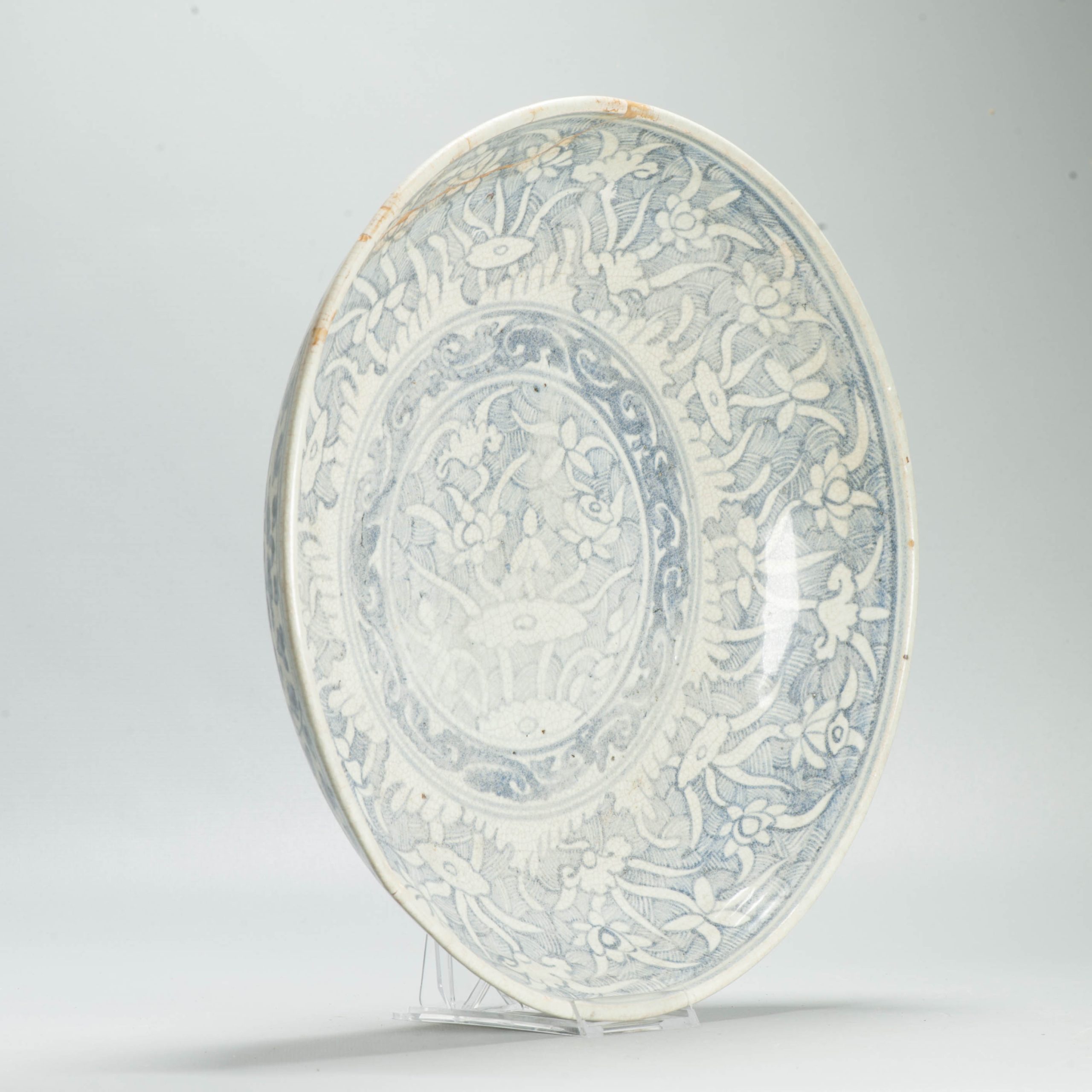 Antique Ming Chinese 15th C Hongzhi/ Zhengde Period Blue White Reverse Decorated Plate - Image 4