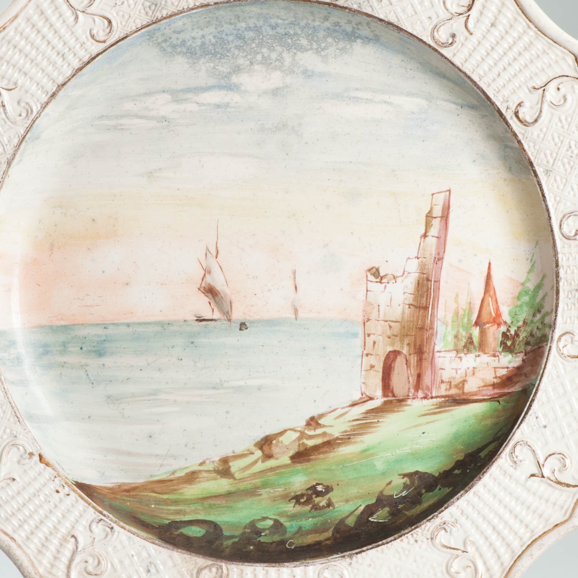 Antique 19/20C European Faiance dish Relief and Ocean view Castle Boat - Image 13