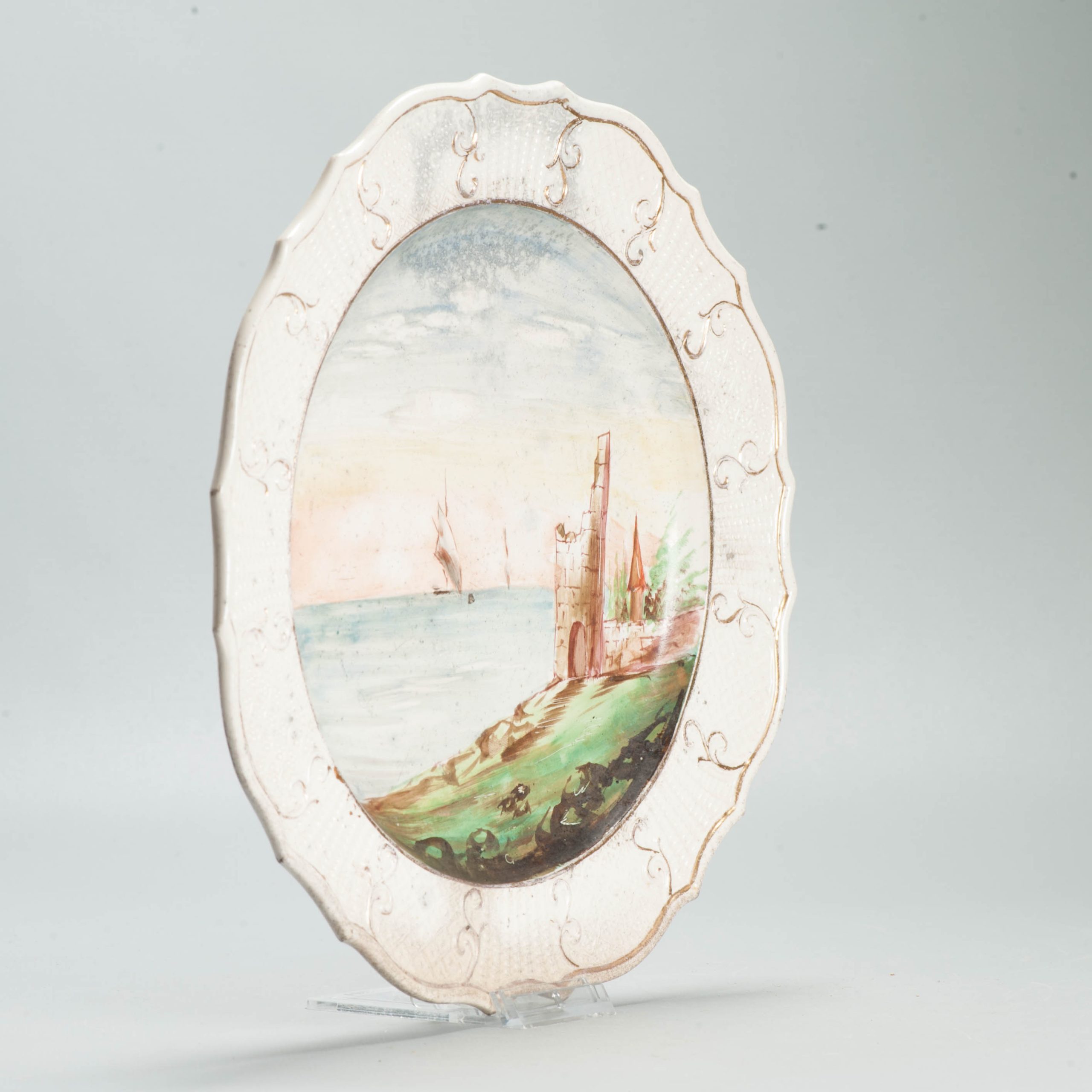 Antique 19/20C European Faiance dish Relief and Ocean view Castle Boat - Image 3