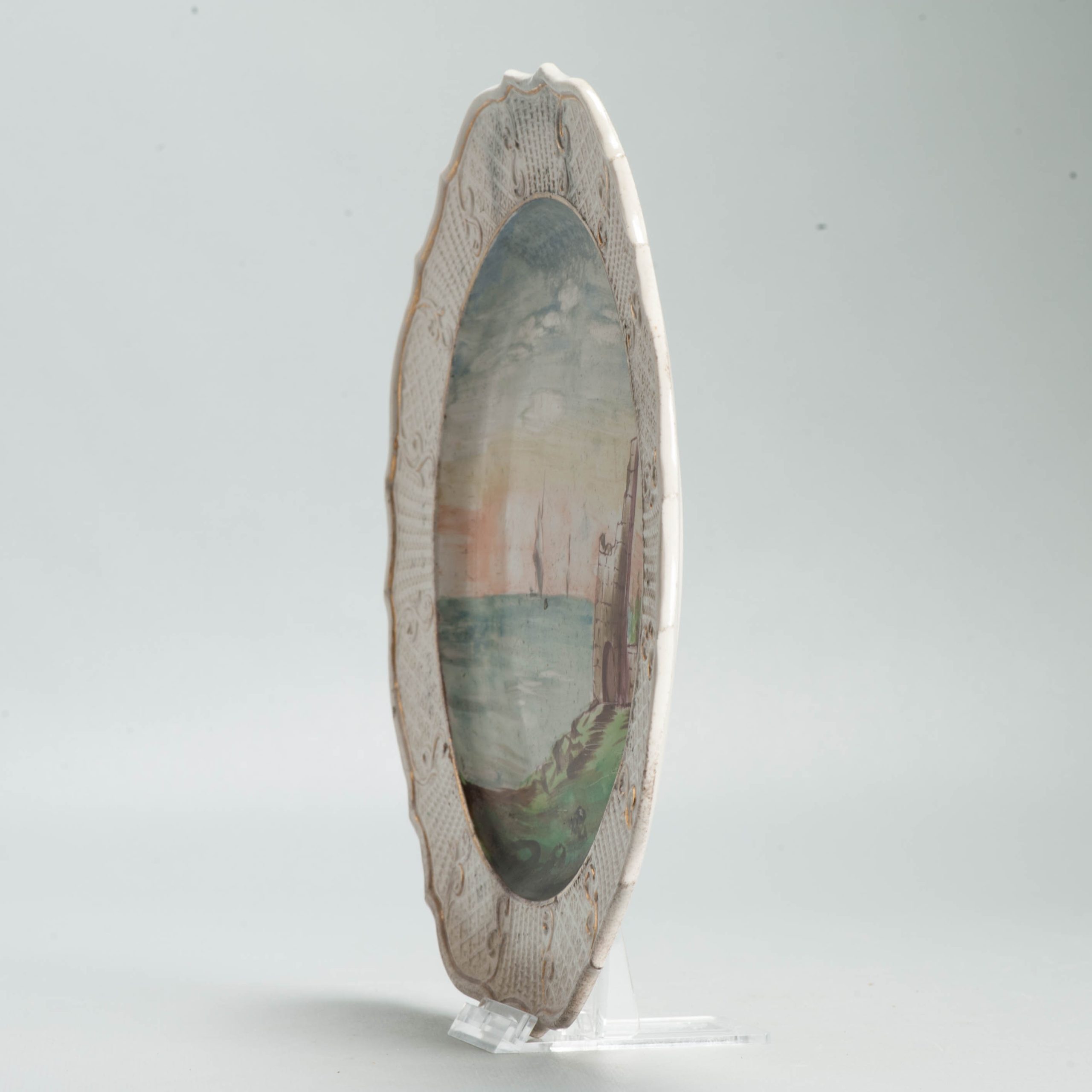 Antique 19/20C European Faiance dish Relief and Ocean view Castle Boat - Image 11
