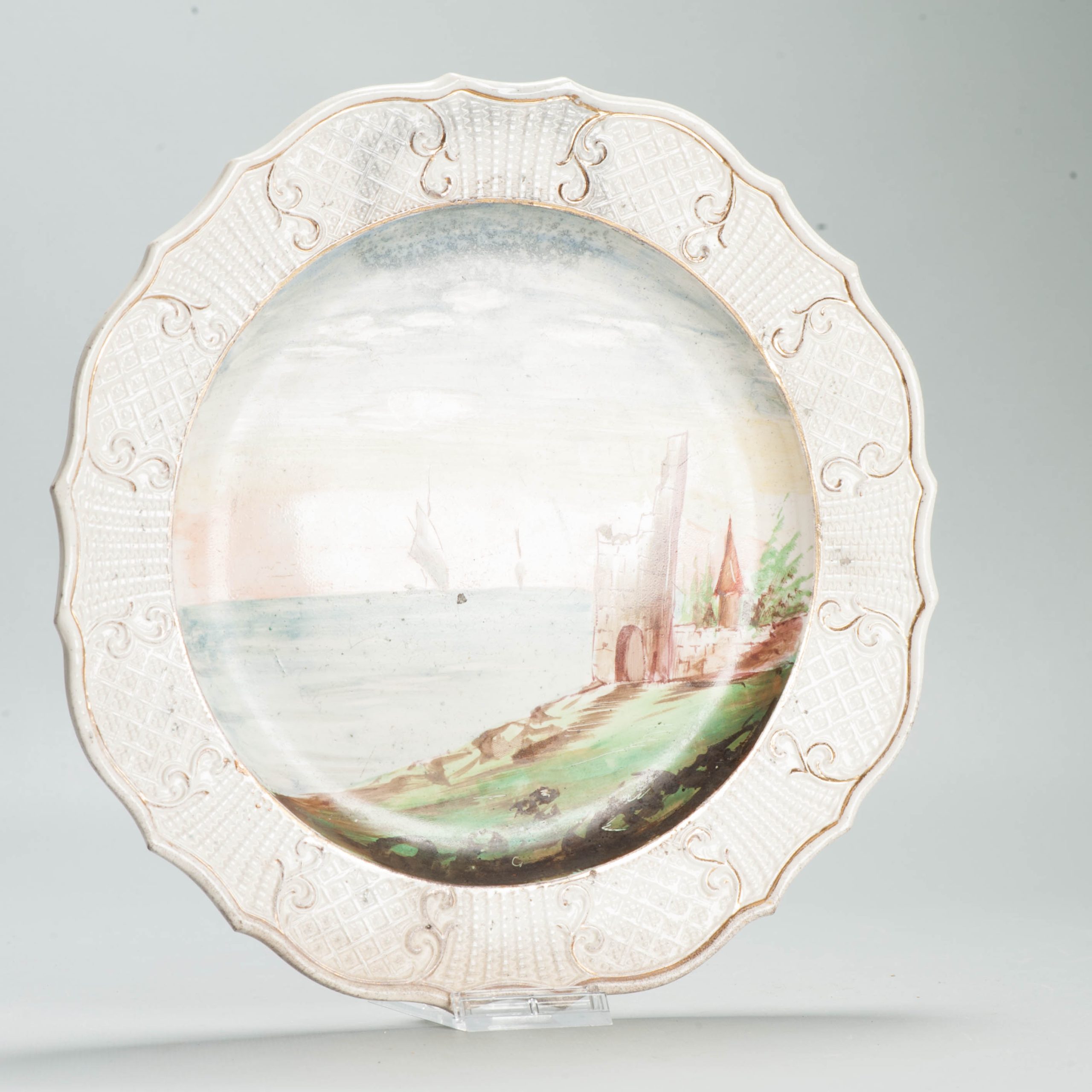 Antique 19/20C European Faiance dish Relief and Ocean view Castle Boat