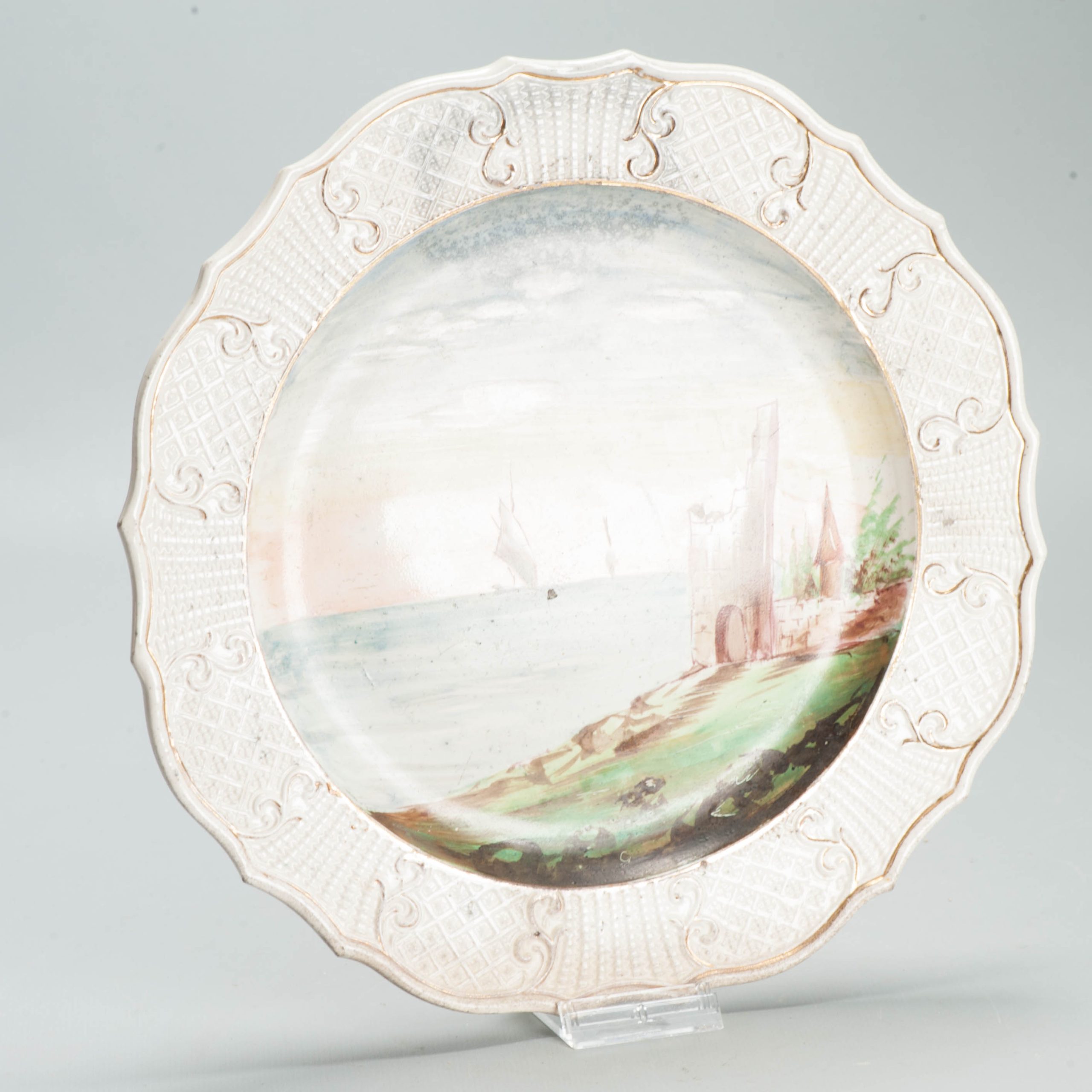 Antique 19/20C European Faiance dish Relief and Ocean view Castle Boat - Image 15