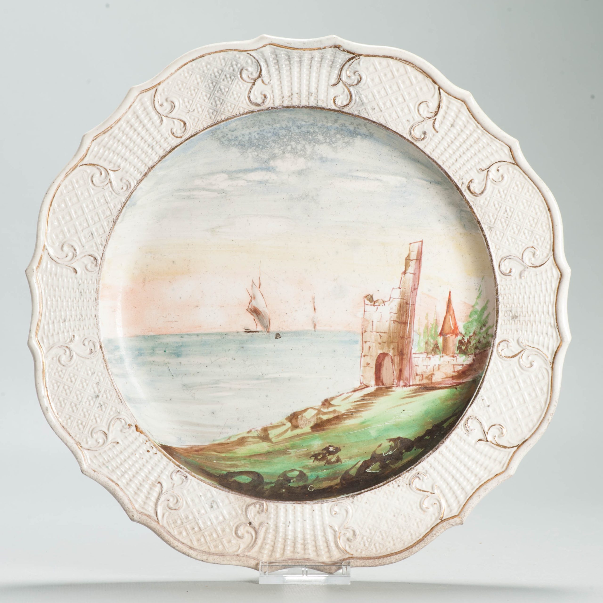 Antique 19/20C European Faiance dish Relief and Ocean view Castle Boat