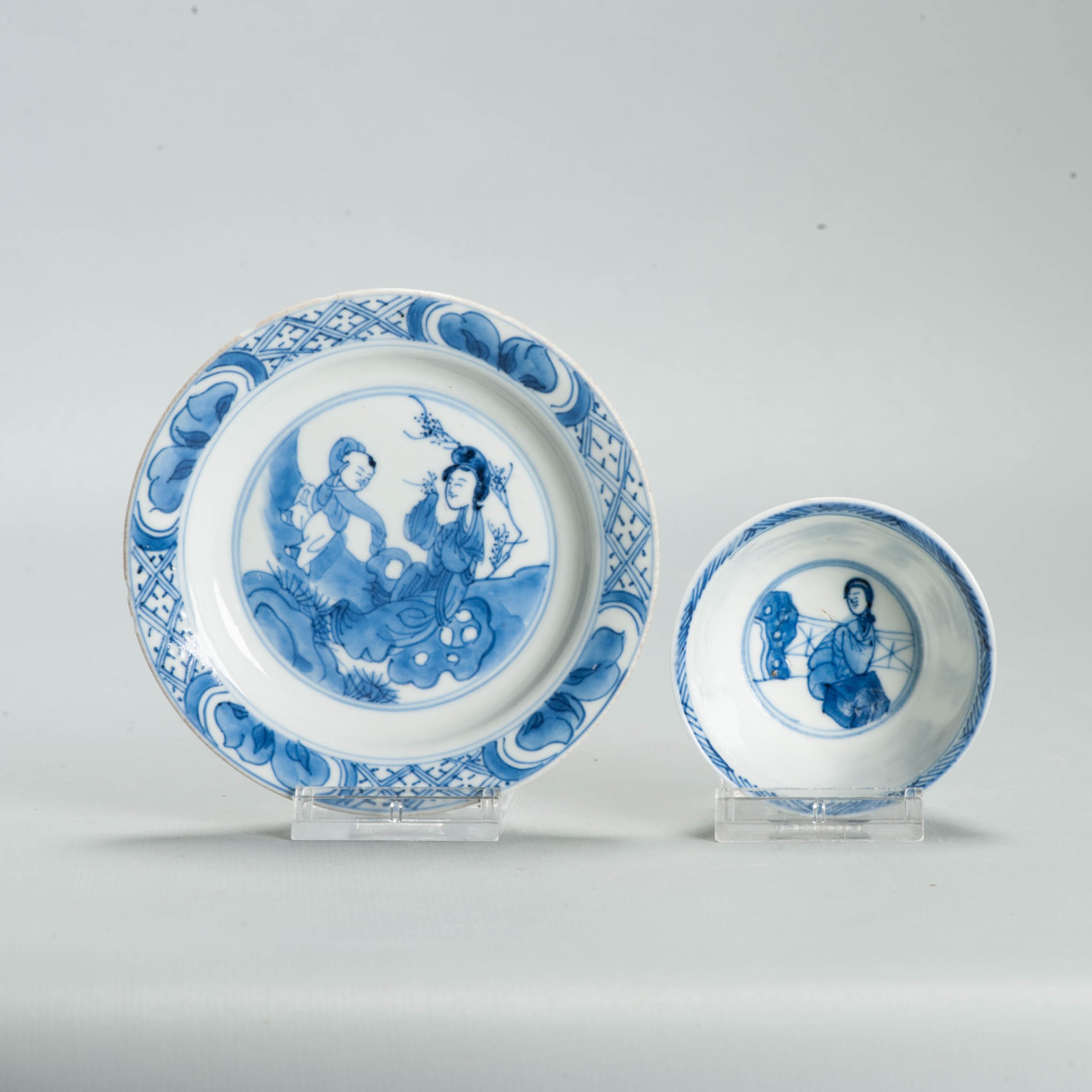 Antique Ca 1700 Chinese Porcelain Tea Set Kangxi Blue White Figural Liza - Image 4