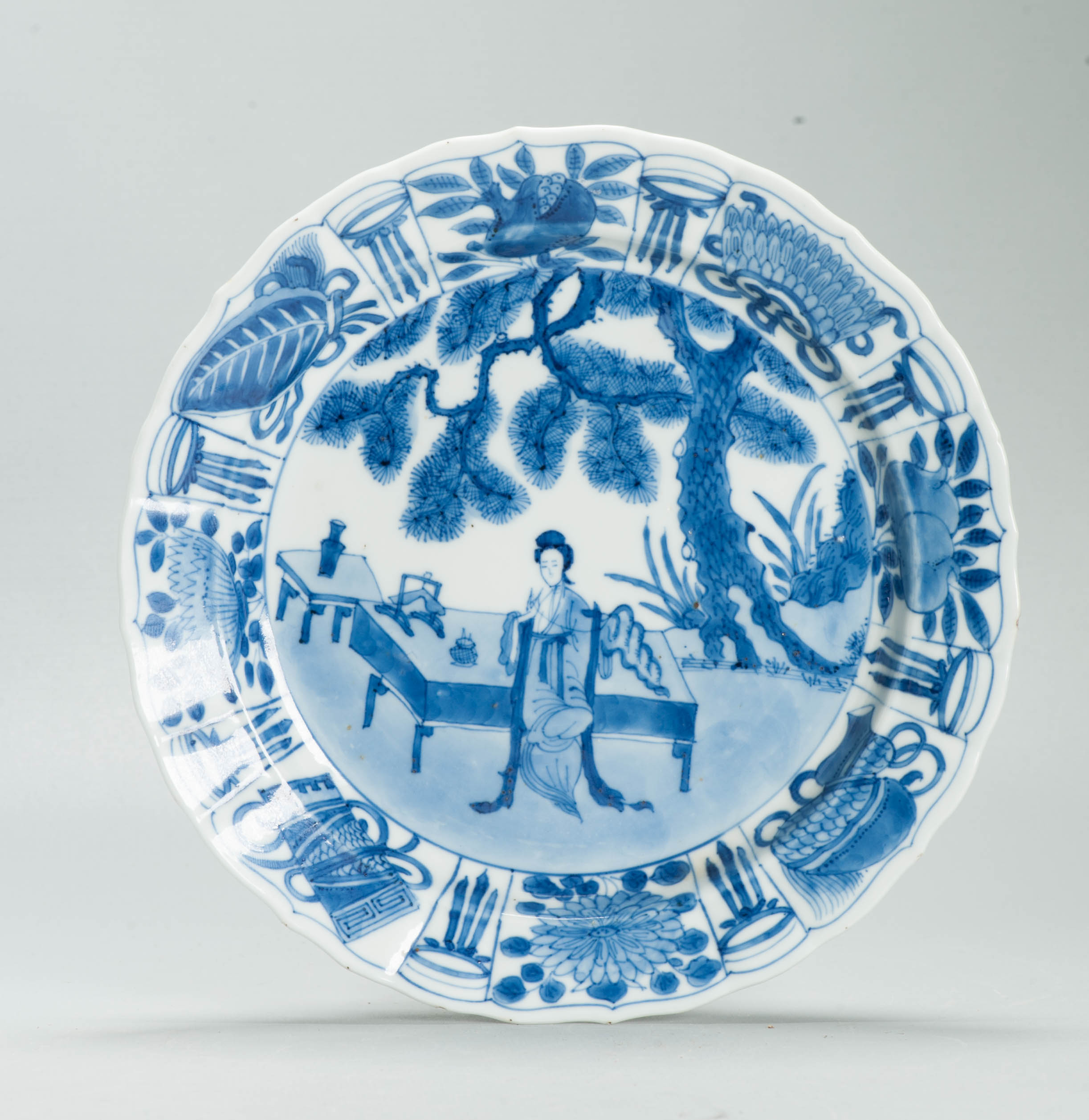 Antique Chinese 1700 Kangxi Blue & White Porcelain Dish Qing Dynasty